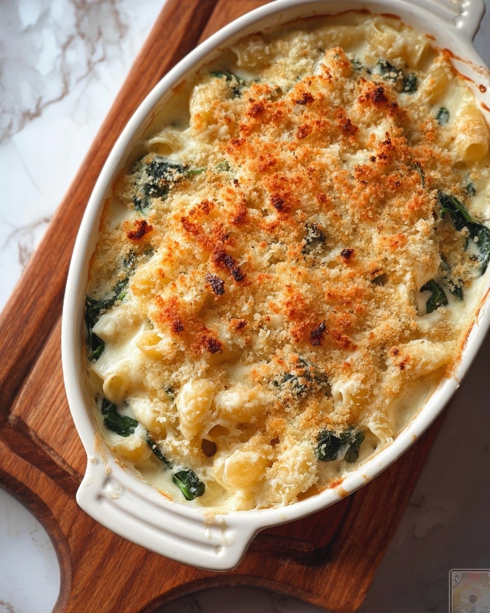 The image shows a white oval casserole dish filled with baked pasta. The first bottom layer consists of pasta pieces mixed with green spinach leaves, visible through a creamy white sauce that covers them evenly. The top layer is a thin, golden-brown crumbed crust that looks crispy and slightly browned in places. The casserole dish sits on a wooden board, which rests on a white marbled surface. Photo taken with an iphone --ar 4:5 --v 7