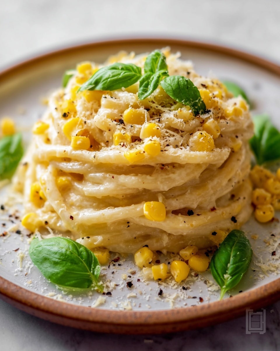 A close-up of creamy pasta piled in the center of a white plate, showing about three layers of thick, pale yellow noodles mixed with small, bright yellow corn kernels. The dish is topped with sprinkled grated cheese, black pepper specks, and fresh green basil leaves placed evenly around and on top, adding color contrast. The pasta has a slightly shiny texture from the sauce, and the scene is set on a white marbled surface. photo taken with an iphone --ar 4:5 --v 7