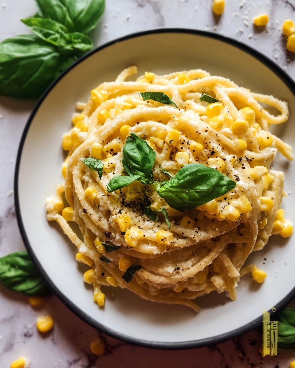 A close-up of creamy yellow pasta with scattered bright yellow corn kernels mixed in, topped with fresh green basil leaves and light sprinkles of black pepper and grated cheese, served on a white plate against a white marbled background, with some corn kernels and basil leaves around the plate for decoration, photo taken with an iphone --ar 4:5 --v 7