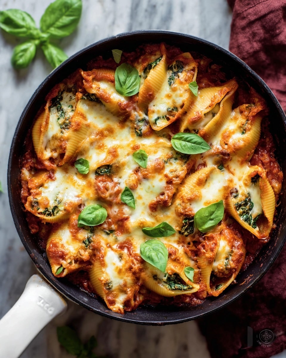 A round black pan filled with baked pasta shells stuffed with a tomato sauce and spinach base as the first layer, followed by a thick, melted layer of golden-brown cheese covering most of the pasta shells, topped with bright green fresh basil leaves scattered on top. The dark pan has a white handle and is placed on a white marbled surface with some loose basil leaves around it. Photo taken with an iphone --ar 4:5 --v 7