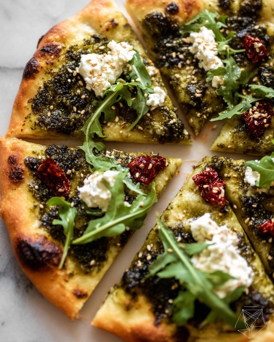 A close-up of a pizza cut into six slices with a golden-brown crust that has slight charring on the edges. The bottom layer is lightly browned dough, topped with dark green pesto spread unevenly across the surface. There are white dollops of soft cheese scattered on top, with fresh green arugula leaves placed on each slice. Small pieces of dried red tomatoes add a touch of color, and a sprinkle of white seeds is visible over the toppings. The pizza rests on a white marbled surface. photo taken with an iphone --ar 4:5 --v 7