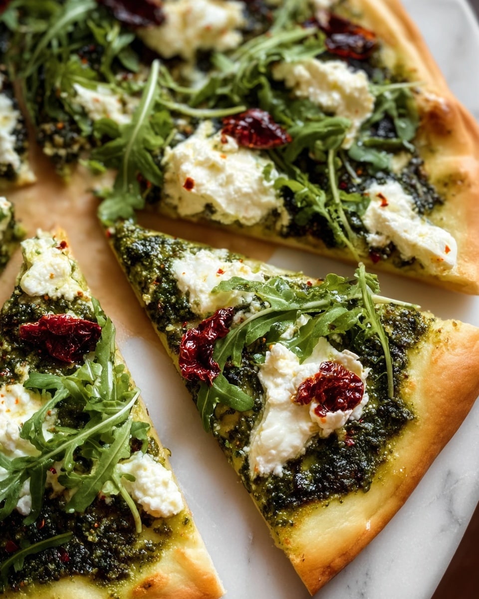 A close-up view of a pizza cut into several triangular slices on a white marbled surface. The pizza has a thin crust with a light golden-brown edge. The first layer is a dark green pesto spread, unevenly covering the entire base. On top, there are dollops of white, soft cheese scattered across the slices. Bright green arugula leaves are spread over the cheese, adding texture and freshness. Small pieces of sun-dried tomatoes with a deep red color are placed between the cheese and greens. The whole dish looks fresh and colorful with contrasting green, white, and red shades. photo taken with an iphone --ar 4:5 --v 7