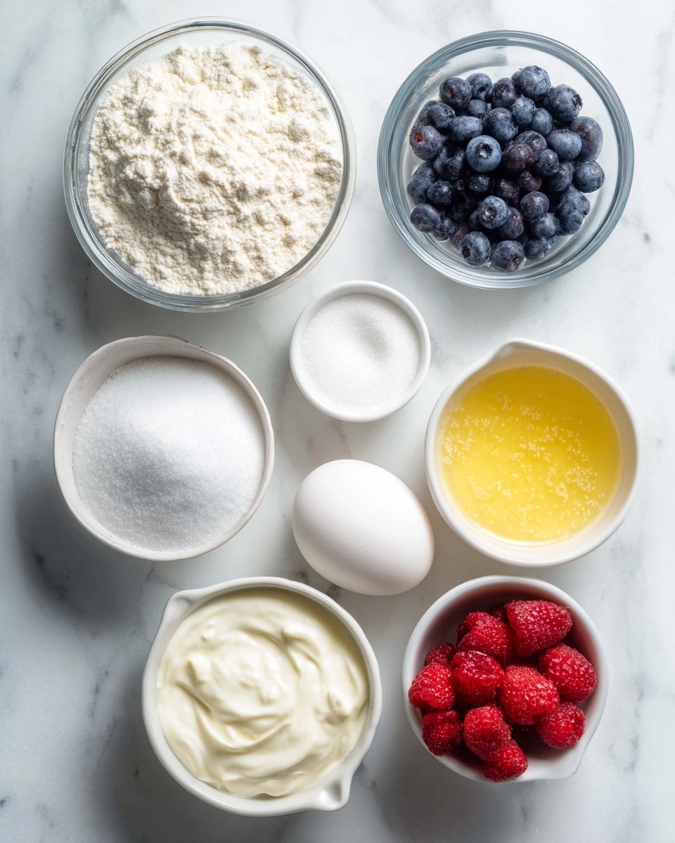 The image shows a top view of ingredients for baking on a white marbled surface. There is a clear glass bowl filled with white flour on the bottom left, next to a whole white egg in the center. Above the egg are two small white bowls, one filled with white sugar on the left and the other empty in the center. To the right of these is a small white bowl with light yellow liquid, and next to it is a clear bowl with melted butter speckled with white bits. In the bottom right corner, a white measuring cup holds fresh blueberries and red raspberries. In the lower center, a small white bowl contains thick white yogurt. Photo taken with an iphone --ar 4:5 --v 7