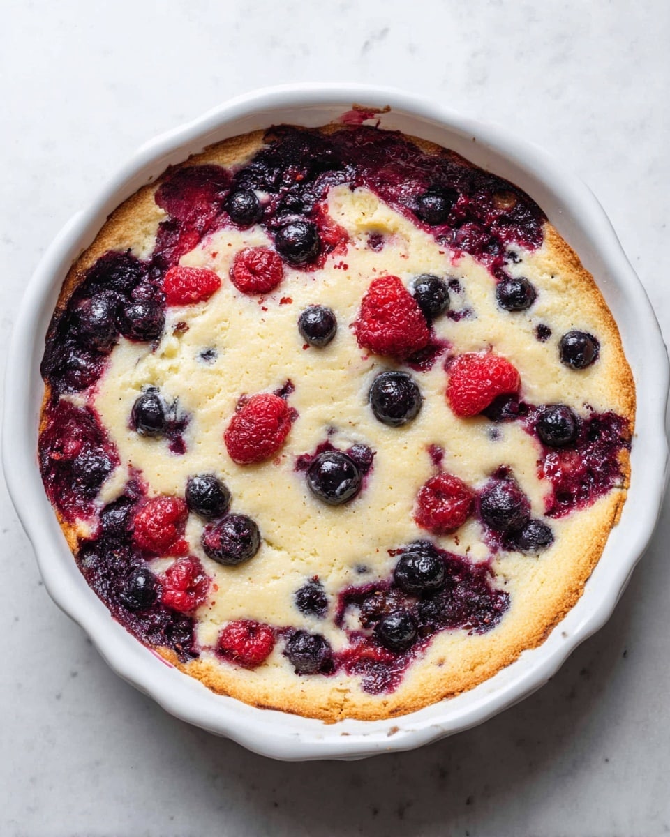 A round baked berry cobbler is shown in a white ceramic dish, sitting on a white marbled surface. The cobbler has two layers; the bottom layer is a dark purple-red cooked berry mix that peeks through the edges and some spots on top. The top layer is a thick, uneven, golden cream-colored dough with a slightly rough texture. Scattered across this top dough layer are whole dark blueberries and red raspberries, adding spots of bright color. The edges of the dough are slightly browned, adding a rustic look. Photo taken with an iphone --ar 4:5 --v 7