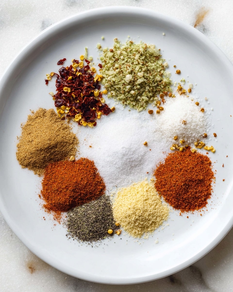 A white plate holds eight small piles of spices arranged in a loose circle near the center. Starting from the top and moving clockwise, the first pile is a light green, crumbly herb mix, followed by dark red dried chili flakes with yellow seeds sprinkled around. Next is a coarse white salt pile, then a heap of finely ground brown spice. Continuing, there is a bright orange-red spice mix with a crumbly texture, a dark gray finely ground powder, a light yellow granular seasoning, and finally a reddish-brown coarse spice blend. The background is a white marbled surface. Photo taken with an iphone --ar 4:5 --v 7