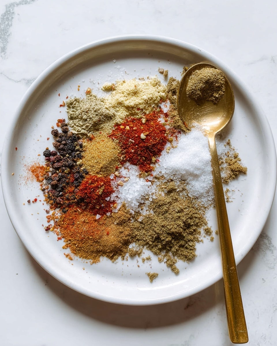 A white plate sits on a white marbled surface, holding a loose circle of various spices and seasonings arranged around a gold spoon placed diagonally on the right side of the plate. The seasonings form multiple thin layers starting with a light yellow powder mixed with black pepper flakes at the bottom left, moving clockwise to red chili flakes with some crushed dried peppers, coarse white salt crystals scattered intermittently, and a greenish-brown finely ground powder covering much of the right side. The textures range from fine powder to flaky and coarse. Photo taken with an iphone --ar 4:5 --v 7
