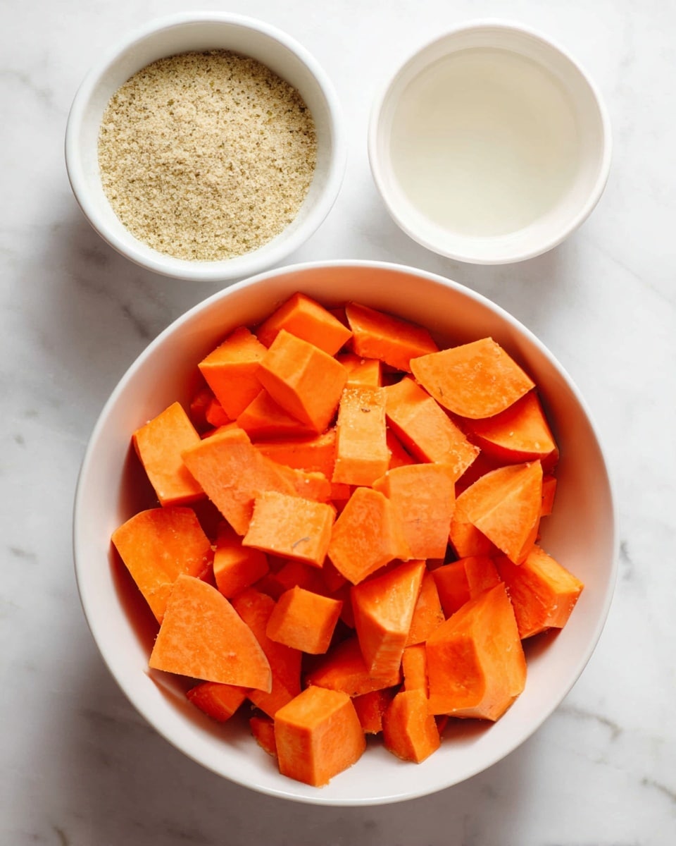 The image shows three white bowls placed on a white marbled surface. The largest bowl at the bottom is filled with bright orange sweet potato chunks, cut into medium-sized pieces with a smooth texture. Above and to the left, a smaller bowl holds a granular beige-colored powder with specks of green herbs mixed in. To the right of the powder, another small white bowl contains a clear liquid, likely water. The bowls are arranged closely together, creating a simple and clean scene focused on the ingredients. photo taken with an iphone --ar 4:5 --v 7