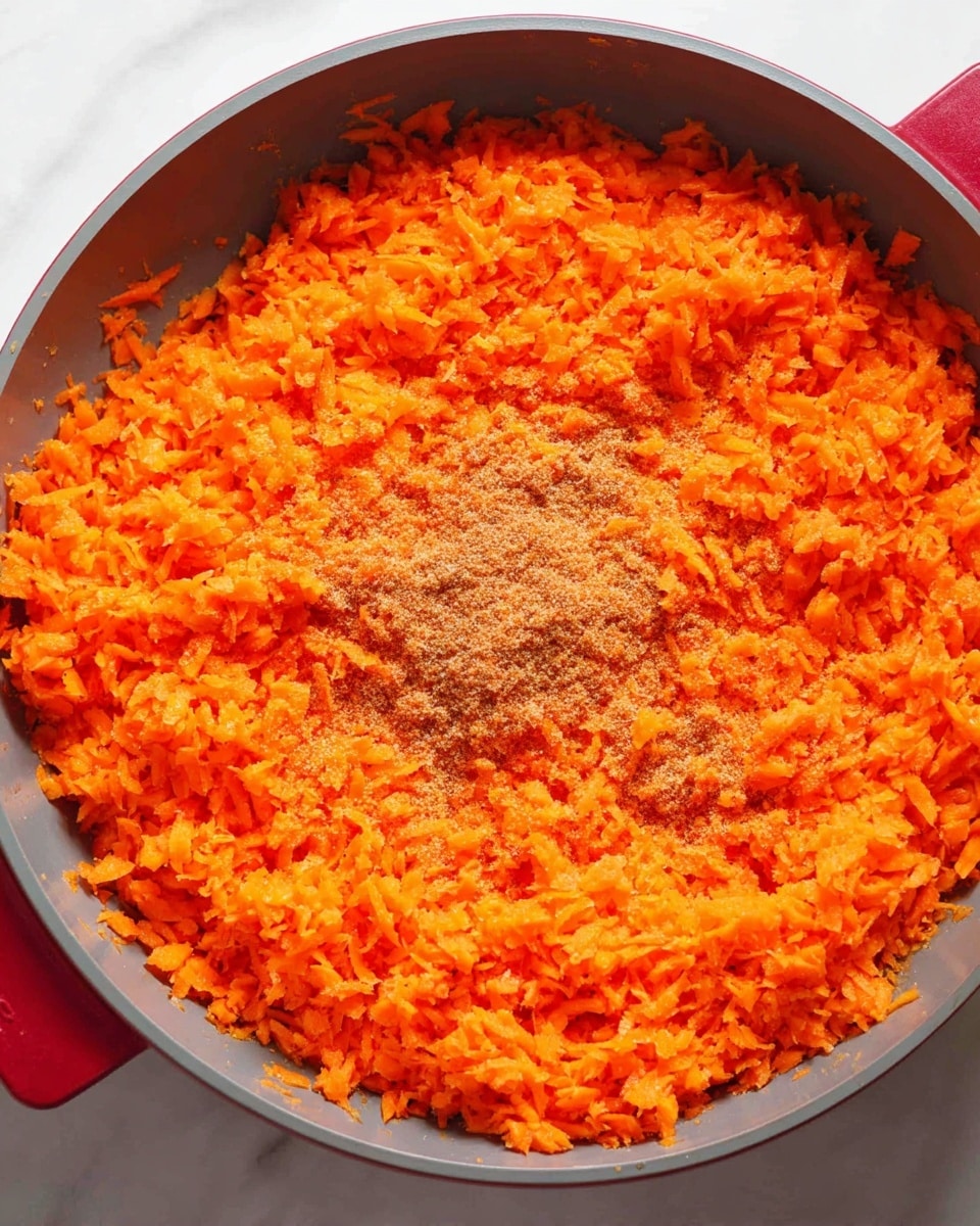 A close-up view of a pan filled with finely grated bright orange carrots, spread evenly with a slight mound in the center. On top of the carrots, there is a light sprinkling of brownish powder or seasoning, adding texture contrast. The pan has a grey interior with red handles visible on the sides, and it sits on a white marbled surface, highlighting the vibrant orange color of the carrots. photo taken with an iphone --ar 4:5 --v 7