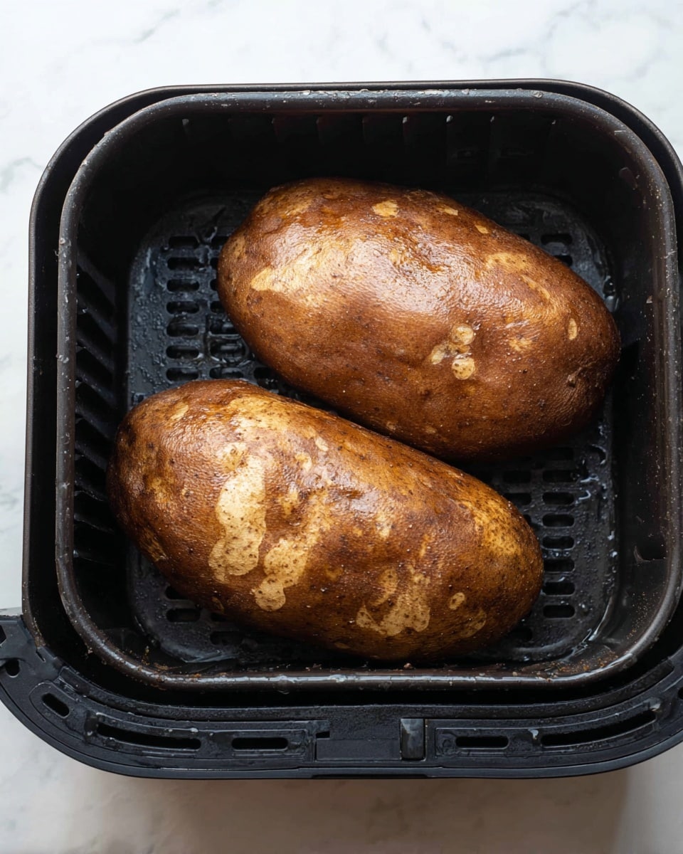 Two large brown potatoes with shiny, slightly wet skins lie side by side inside a black air fryer basket. The potatoes have patches of lighter and darker brown on their textured surface, showing their natural skin pattern. The air fryer basket has a square shape with rounded corners and a black grated bottom. The scene is set against a white marbled surface. photo taken with an iphone --ar 4:5 --v 7