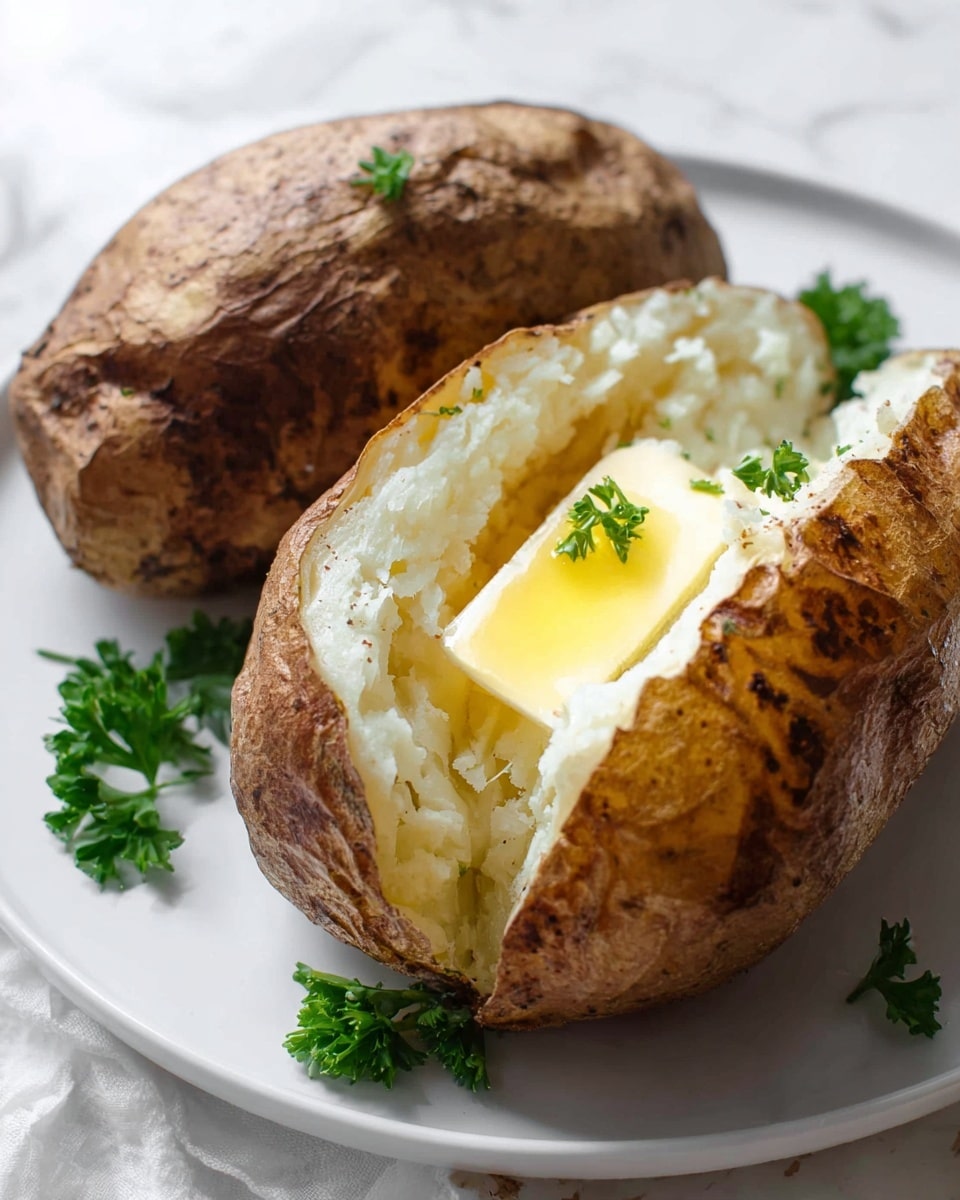 A baked potato sliced open in the middle, showing a soft and fluffy white inside with a thick slice of yellow butter melting at the center. The potato skin is browned and textured with dark spots, creating a crisp outer layer. Small green parsley leaves are placed inside and around the potato for a fresh color contrast. The potato sits on a white plate, which is on a white marbled texture surface. Photo taken with an iphone --ar 4:5 --v 7