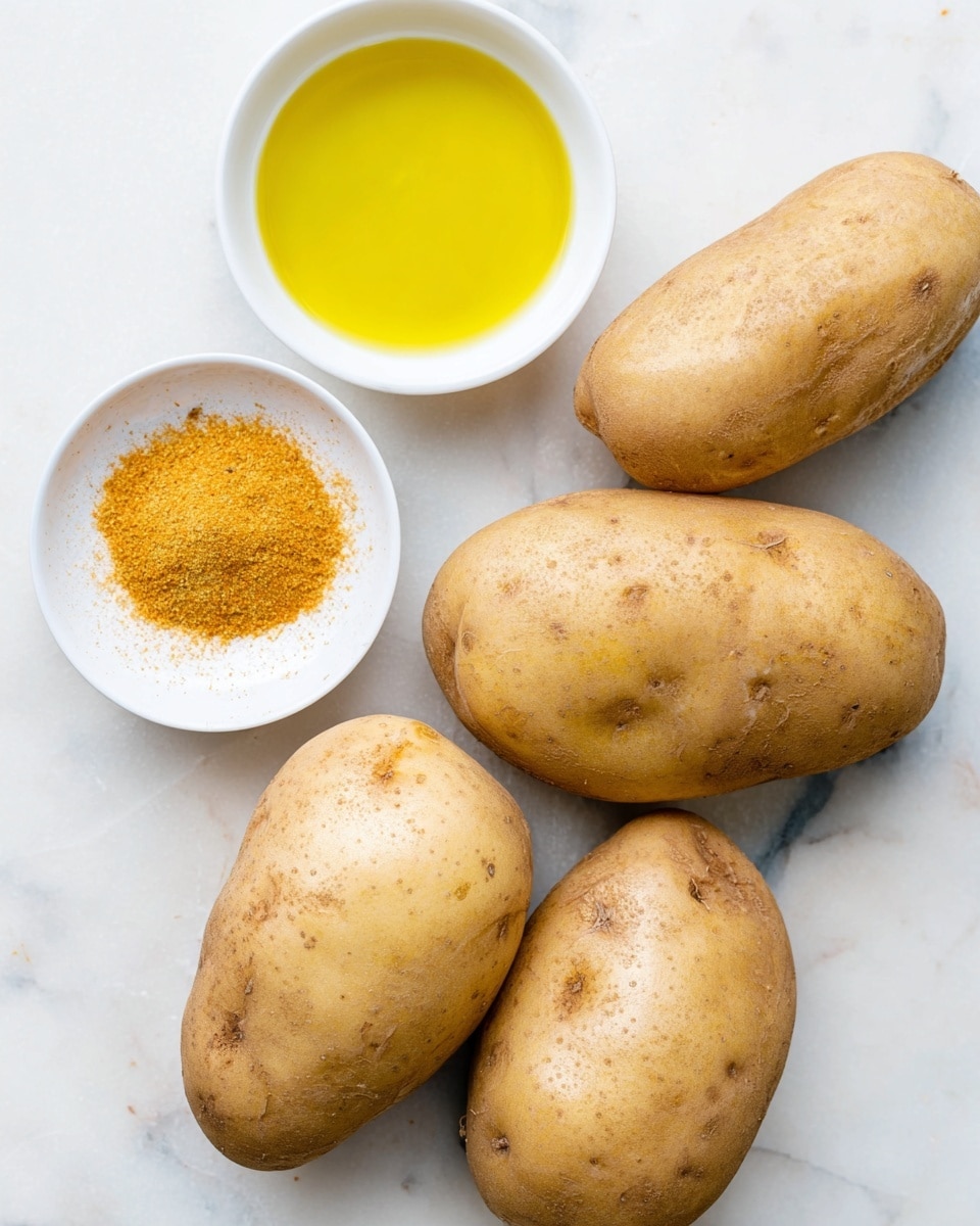 The image shows four large raw potatoes with a light brown, slightly rough skin placed on a white marbled surface. To the top center is a small white bowl filled with golden yellow oil, smooth and shiny, reflecting light. To the left of the oil bowl is a small white bowl containing a heap of orange-yellow powdered seasoning with a fine texture. The potatoes are arranged loosely, with one slightly overlapping another near the bottom center of the image. Photo taken with an iphone --ar 4:5 --v 7