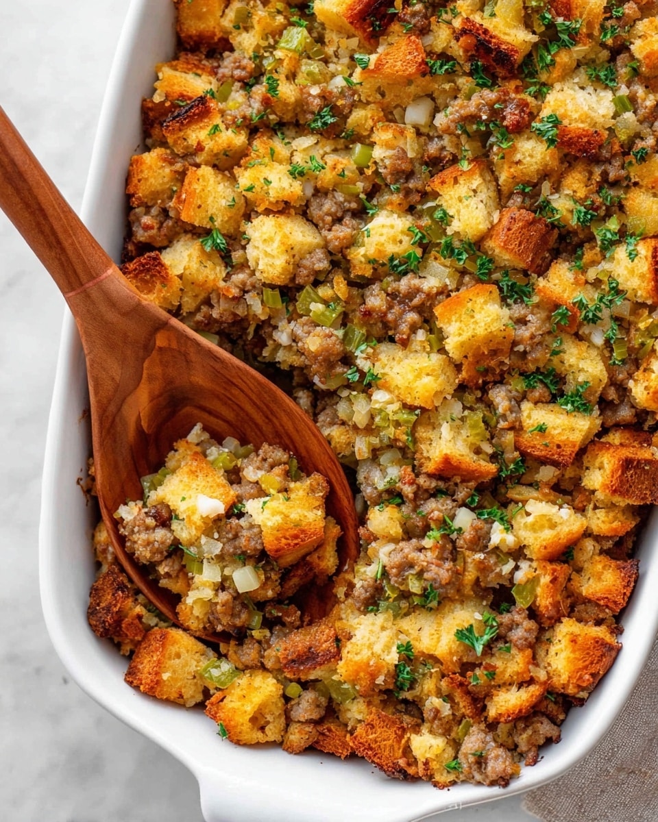 A white serving dish is filled with a baked stuffing made of golden toasted bread cubes, cooked sausage pieces, and small chopped green celery bits, all mixed evenly with fresh green parsley leaves scattered on top. The stuffing has a crunchy texture on the top layer with some browned spots showing a crispy finish, while the inner layers look soft and moist. A wooden spoon is scooping a portion from one corner, showing the mix of crumbled bread, meat, and vegetables inside. The dish sits on a white marbled surface. photo taken with an iphone --ar 4:5 --v 7