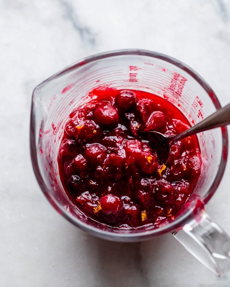 The image shows a clear glass measuring cup filled with a chunky red cranberry sauce. The sauce has whole cranberries and thick red jelly-like parts with some small pieces of orange zest mixed in. There is a silver spoon inside the measuring cup stirring the sauce. The cup sits on a white marbled surface, and red measurement marks are visible on the side of the cup. photo taken with an iphone --ar 4:5 --v 7