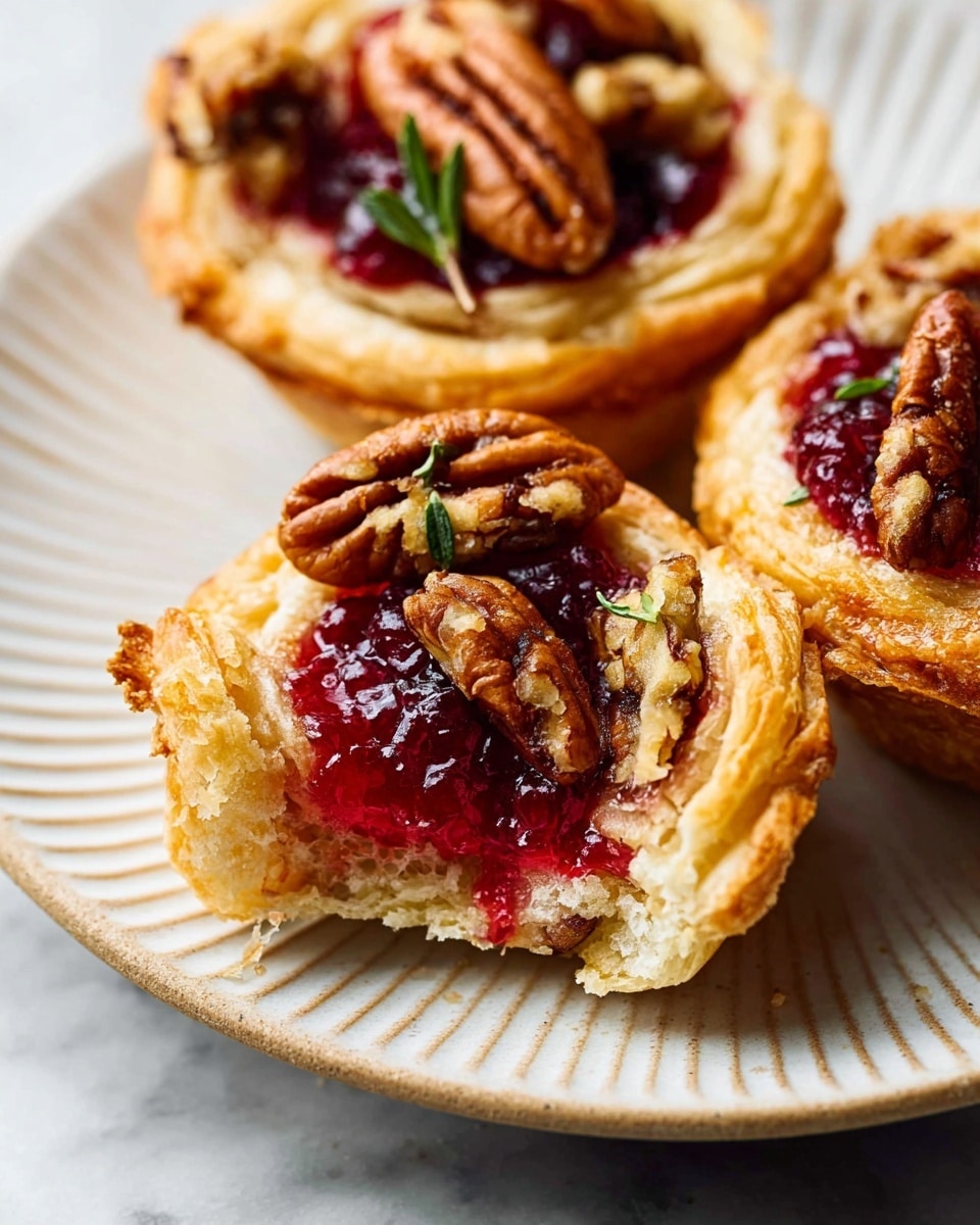 The image shows three small tarts on a white plate with ridged edges, placed on a white marbled surface. Each tart has a golden brown, flaky crust that is rolled up around the edges in soft layers. Inside the crust, there is a bright red filling that looks like jam or a berry compote. On top of the filling, you can see whole pecans and a few small green herb leaves scattered for decoration. One tart is broken open, showing the airy and layered texture of the inside crust. The lighting highlights the shine on the filling and the crunchiness of the crust. photo taken with an iphone --ar 4:5 --v 7
