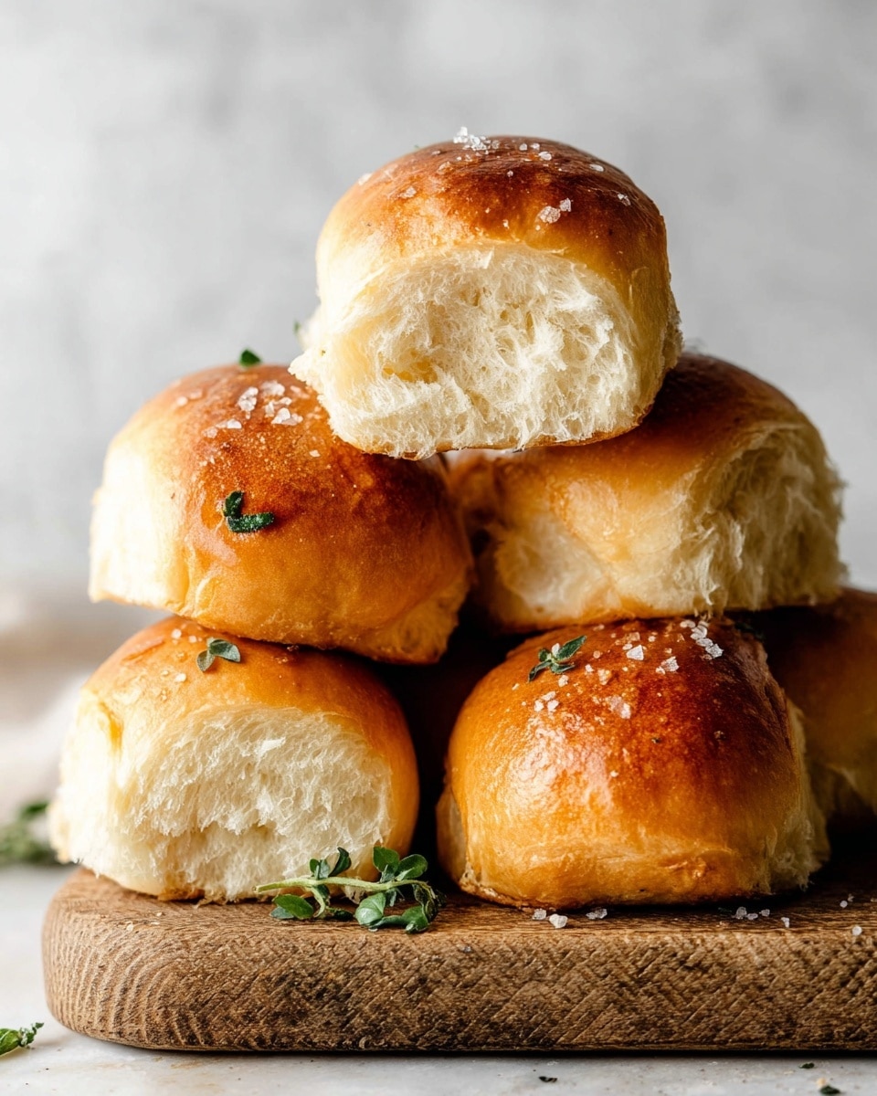 A close-up of five soft bread rolls stacked on top of each other on a textured wooden board. Each roll has a golden brown crust with a lightly shiny surface and small sprinkles of coarse salt, with a few small green herb leaves scattered around and on the rolls. The inside of the rolls is fluffy and light beige, showing a soft and airy texture. The background is a smooth white marbled texture. photo taken with an iphone --ar 4:5 --v 7