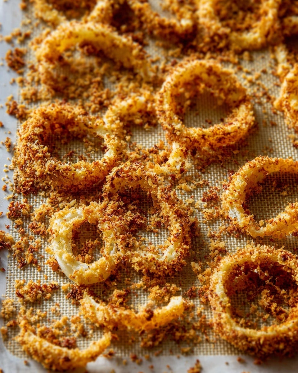 Golden brown crispy fried onion rings are spread over a baking sheet lined with a silicone mat. The rings vary in size and are coated with a crunchy breadcrumb texture, showing white tender onion inside. Scattered crunchy crumbs surround each ring, and the warm tones of deep golden and light beige coat the whole tray. The background has a soft, out of focus white marbled texture. photo taken with an iphone --ar 4:5 --v 7