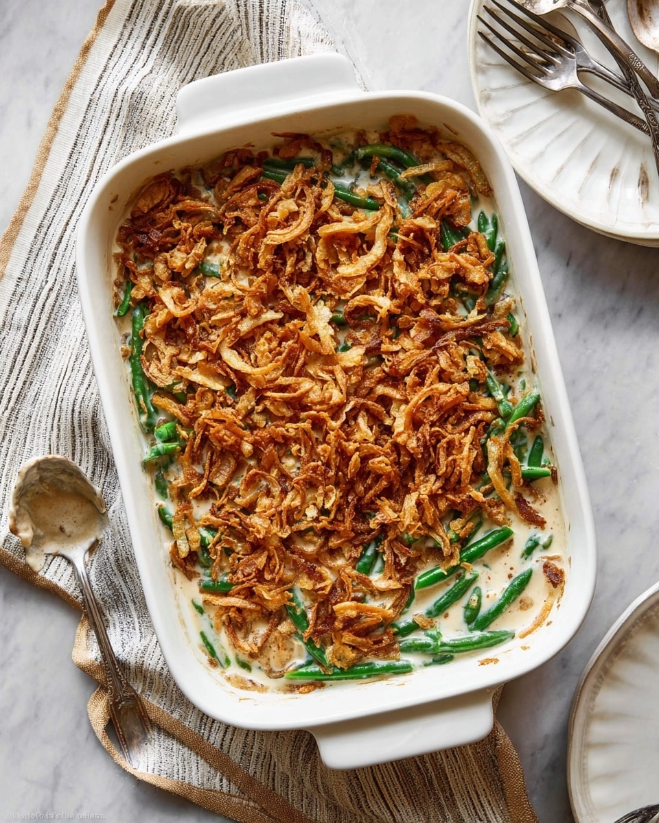 A white rectangular baking dish with green beans mixed in a creamy white sauce forms the base layer. The green beans are bright green and slightly visible through the sauce. On top, there is a thick layer of crispy fried onions that are golden brown and cover most of the dish, with some parts showing the creamy sauce and green beans underneath. The dish rests on a white marbled surface, with a striped cloth napkin beside it, some silver forks, and a white plate with a spoon and a small amount of sauce visible on the side. Photo taken with an iphone --ar 4:5 --v 7