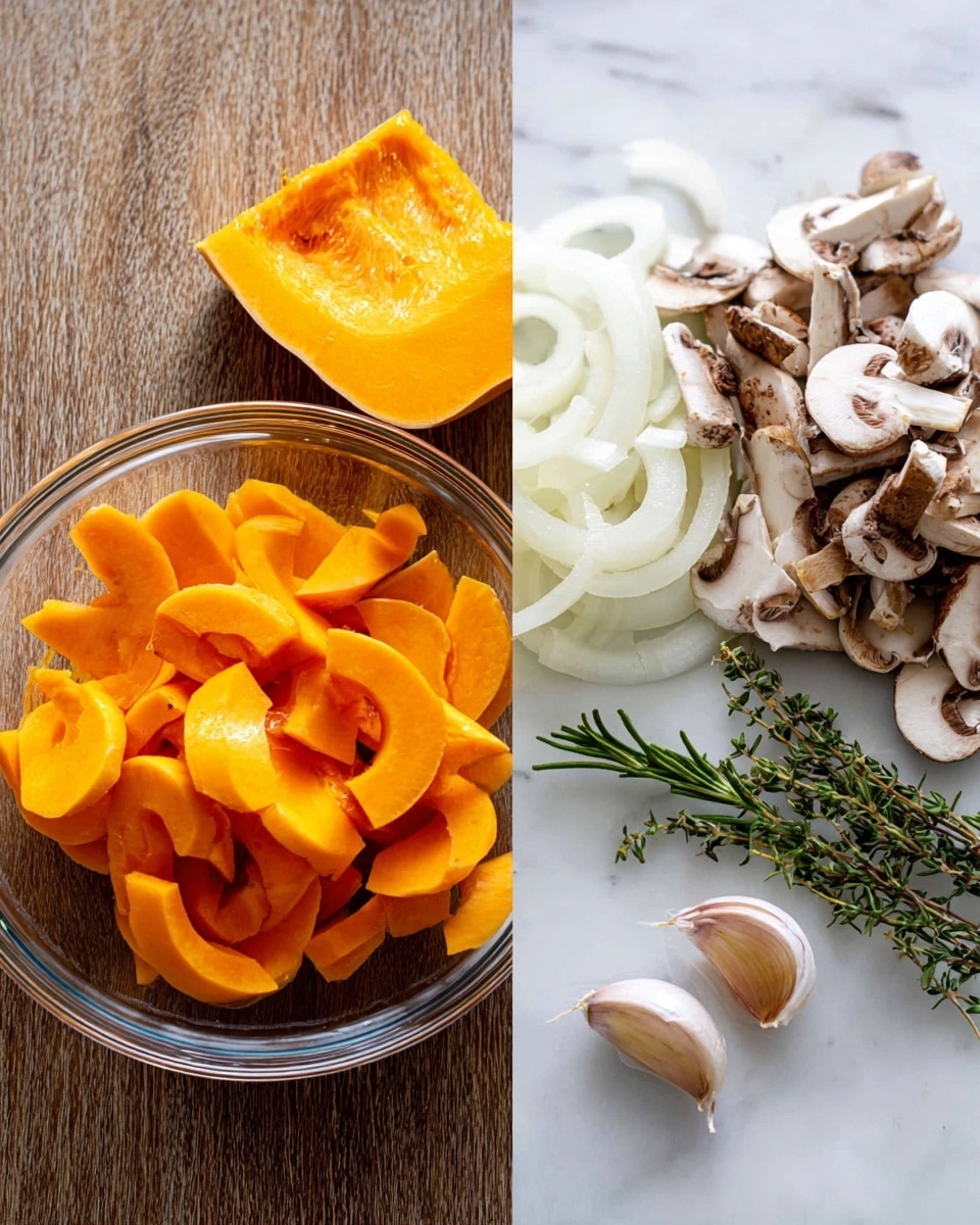 The image shows two side-by-side close-up views on a white marbled surface. On the left, a clear glass bowl filled with bright orange sliced pieces of squash sits centered, with a larger chunk of the same orange squash placed outside the top of the bowl on the surface. On the right, there is a small pile of sliced white onions layered to the left, a bunch of mixed brown and white sliced mushrooms in the middle, and sprigs of fresh green herbs including rosemary and thyme positioned diagonally around the ingredients. Two cloves of garlic lie near the bottom right corner. The image captures fresh, raw ingredients with clear textures and colors, photo taken with an iphone --ar 4:5 --v 7