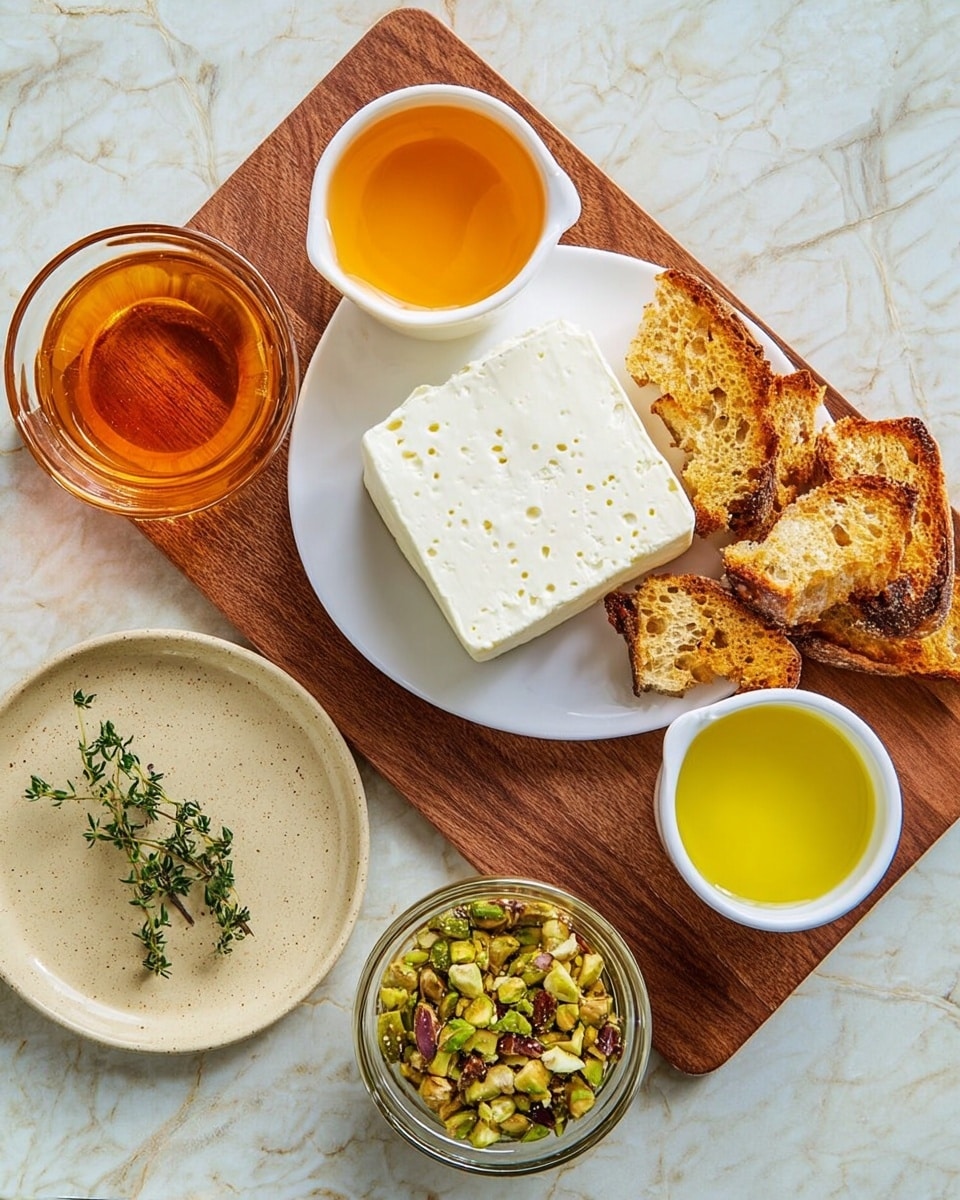 A wooden board holds a white plate in the center with a thick, square block of white cheese that has small holes and a smooth texture. To the right of the cheese is a pile of toasted bread slices with a golden-brown, crunchy look. On the far right side of the board is a white ramekin filled with light yellow oil. On the top left corner is another white ramekin filled with amber-colored honey. On the bottom left is a small glass bowl with a mix of green chopped nuts and herbs, placed on a round beige plate with a sprig of fresh thyme beside it. The whole setup is on a white marbled surface. Photo taken with an iphone --ar 4:5 --v 7