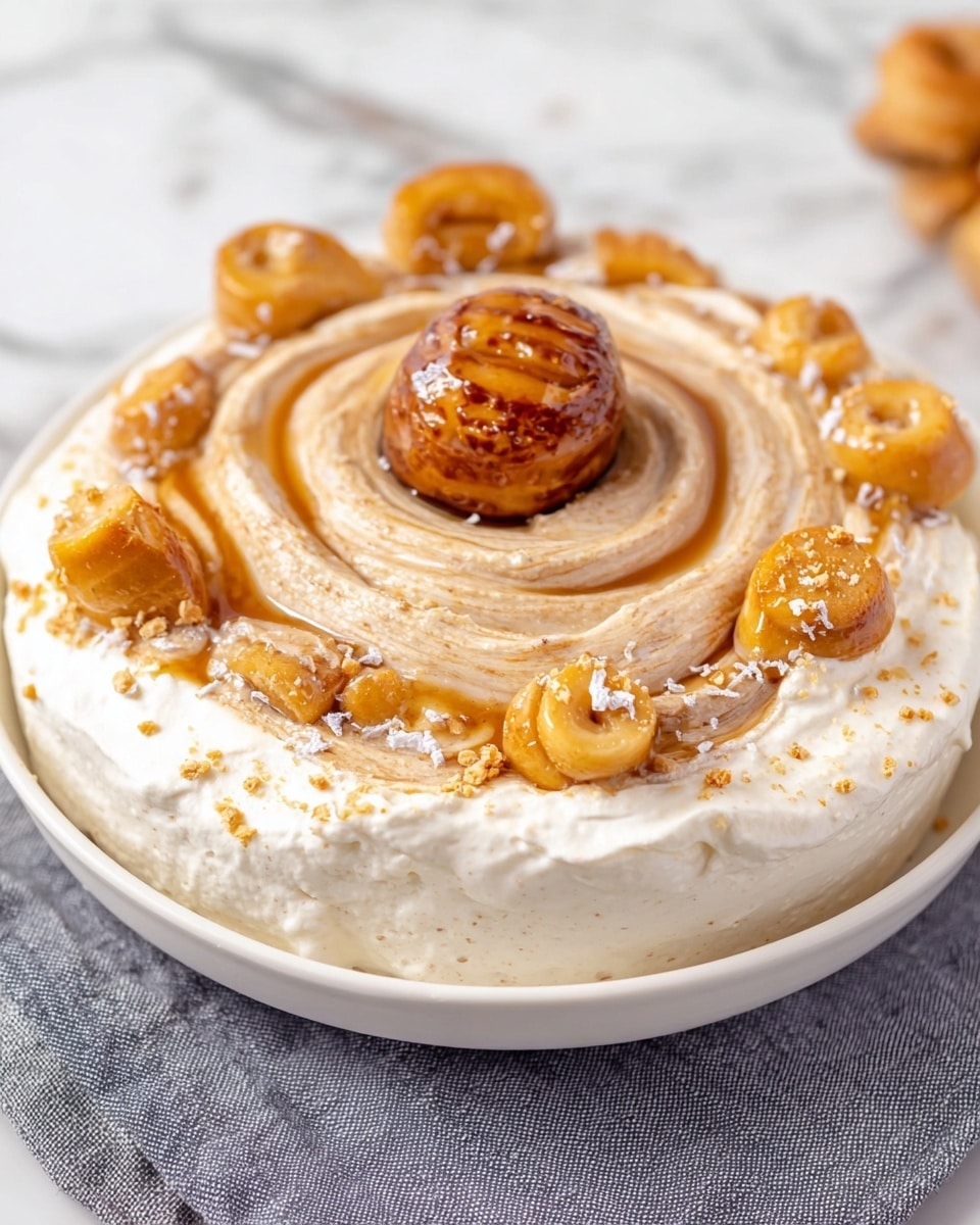 A white plate holds a dessert with two main layers: the base is a thick, creamy white layer that looks soft and whipped, spread evenly across the plate. On top, there is a light brown swirl that circles from the edges to the center, appearing smooth and creamy with a slightly grainy texture. Scattered on both layers are small pieces of golden-brown pastries, some coated with a thin white glaze giving a shiny look. A small, round pastry piece sits at the center on top of the swirl. The plate rests on a gray cloth, and the background is a white marbled texture. photo taken with an iphone --ar 4:5 --v 7