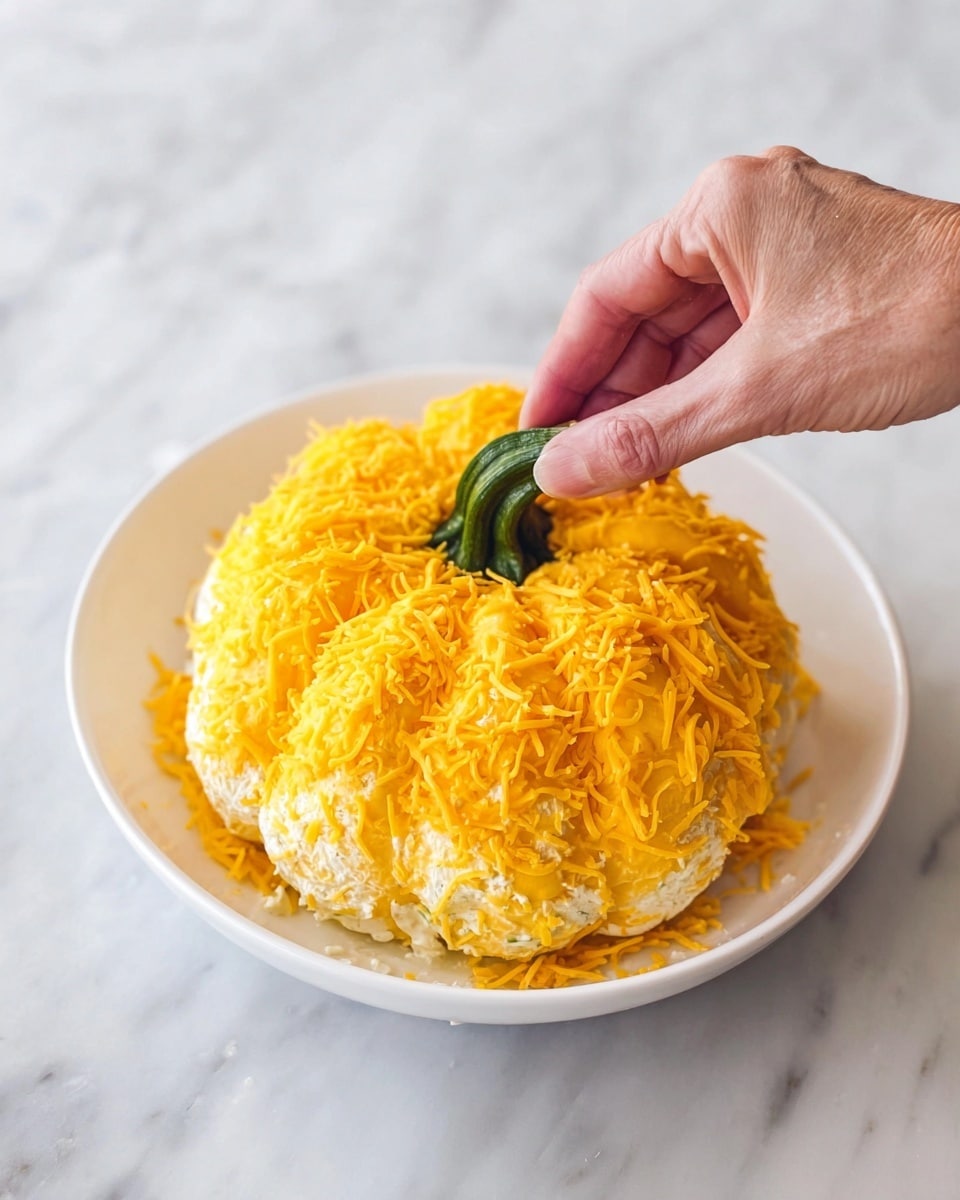 A white bowl sits on a white marbled surface, filled with a dome-shaped mixture covered in shredded orange cheese. The cheese layer is scattered evenly across the creamy, slightly lumpy base. A woman's hand is placing a dark green pepper stem in the center on top of the cheese, making it look like a small pumpkin. The dish has about two visible layers: the creamy white base and the bright orange cheese on top. Photo taken with an iphone --ar 4:5 --v 7