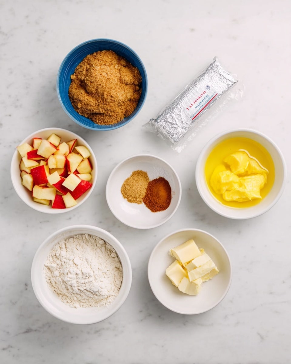 The image shows seven white bowls placed on a white marbled surface, each containing different ingredients. Starting from the top right going clockwise: a bowl with melted yellow butter, a smaller bowl with a small pile of brown cinnamon powder, a bowl with a thick brown sticky paste, a wrapped stick of butter in silver foil, a small bowl of white granulated sugar, a bowl of white flour with some small clumps, and a bowl filled with small diced pieces of red and yellow apple. In the top left corner, there is an additional blue bowl filled with brown sugar. All items are neatly arranged and the setting is bright and clean, photo taken with an iphone --ar 4:5 --v 7