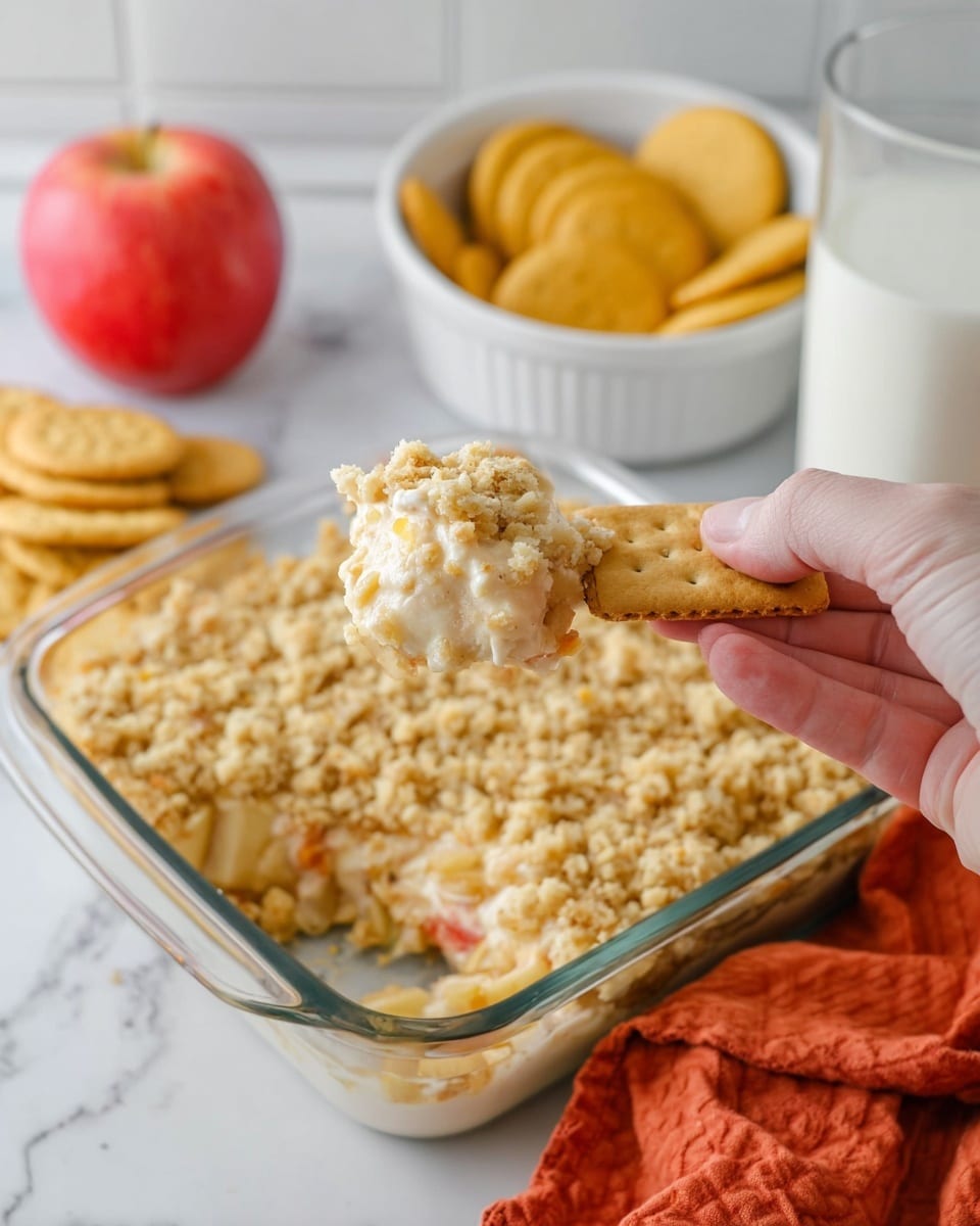 A clear glass square dish holds a crumbly dessert with a light golden top layer mixed with small bits of diced apples visible underneath. A woman's hand is holding a rectangular beige cracker with a scoop of the creamy, thick dessert on top. In the background on a white marbled surface, there is a white bowl filled with more rectangular crackers, another white bowl of round yellow cookies, a red apple, and a clear glass of milk. An orange towel is partially under the glass dish. photo taken with an iphone --ar 4:5 --v 7