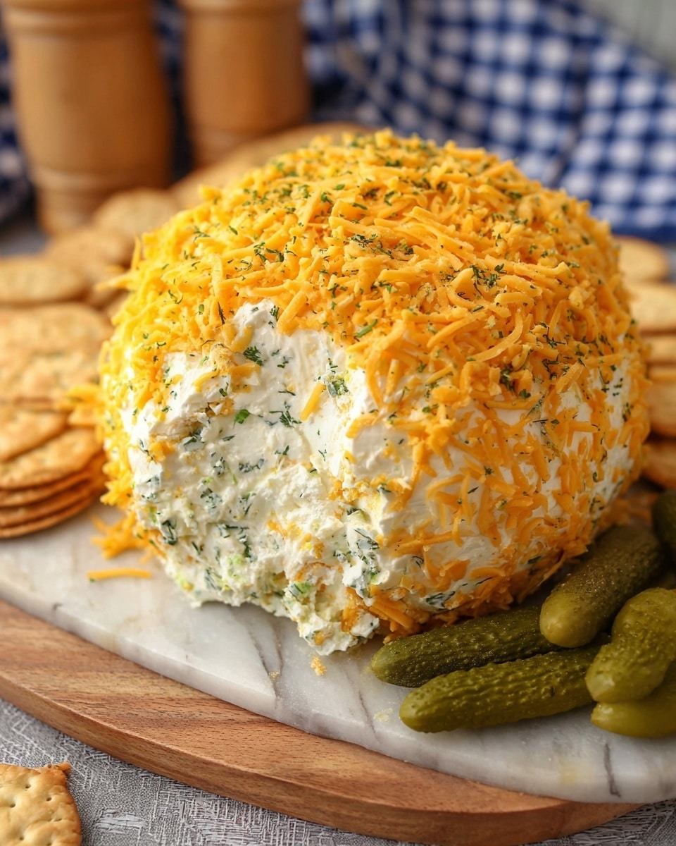 A large, round cheese ball sits on a wooden board with a white marbled texture beneath it. The cheese ball has a creamy white inside mixed with small bits of green and orange, showing a soft and smooth texture. It is fully covered with shredded, bright orange cheddar cheese on the outside, scattered with light green dried herbs. Around the cheese ball, there are several small green pickles and some round crackers. A blue and white checkered cloth and some wooden containers are softly blurred in the background. photo taken with an iphone --ar 4:5 --v 7