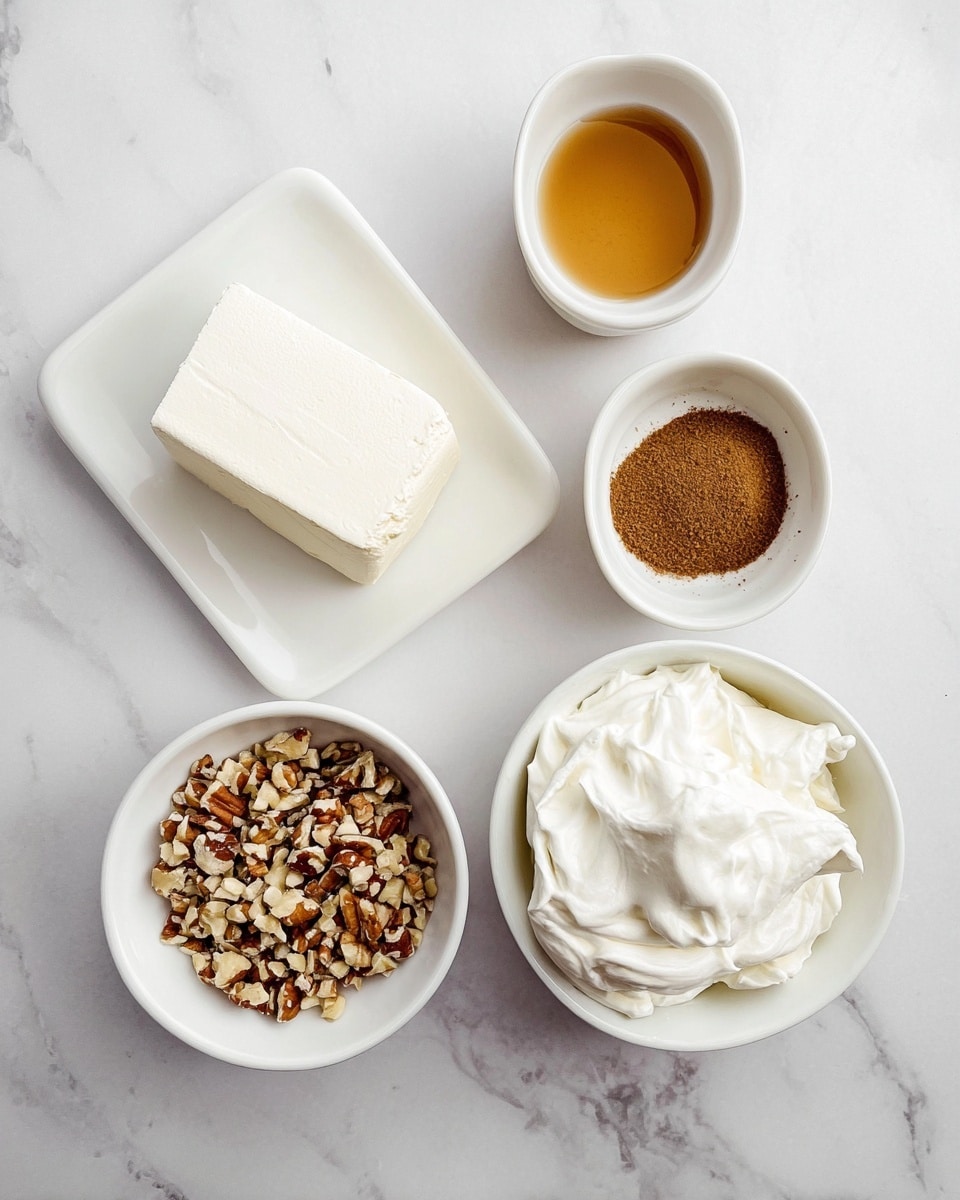 The image shows five small white bowls and a white rectangular plate arranged on a white marbled surface. The rectangular plate on the left holds a smooth, white block of cream cheese. To its right, the top white bowl contains light brown syrup, the middle bowl holds a darker brown powder, the bottom left bowl has finely chopped nuts with mixed shades of brown, and the larger bottom right bowl is filled with fluffy white whipped cream. Each item is clearly defined by color and texture, placed evenly with soft natural light. Photo taken with an iphone --ar 4:5 --v 7