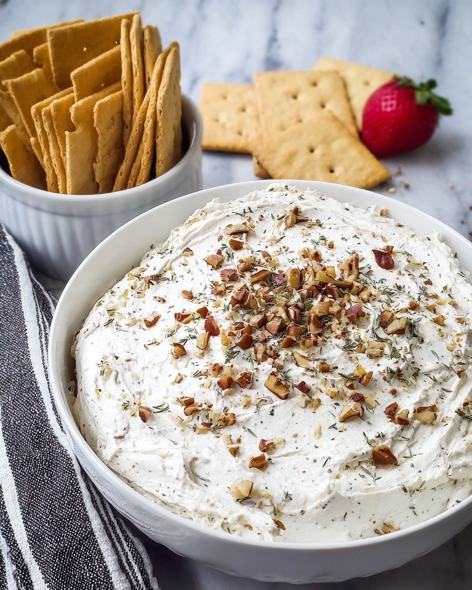 The image shows two white bowls on a white marbled surface with a black and white striped cloth nearby. The larger bowl in the front is filled with a thick, creamy white spread with small herbs mixed in, and it is sprinkled on top with chopped brown nuts. The smaller bowl behind it contains several light brown rectangular crackers standing upright. A small part of a bright red strawberry is visible near the edge of the spread bowl. photo taken with an iphone --ar 4:5 --v 7