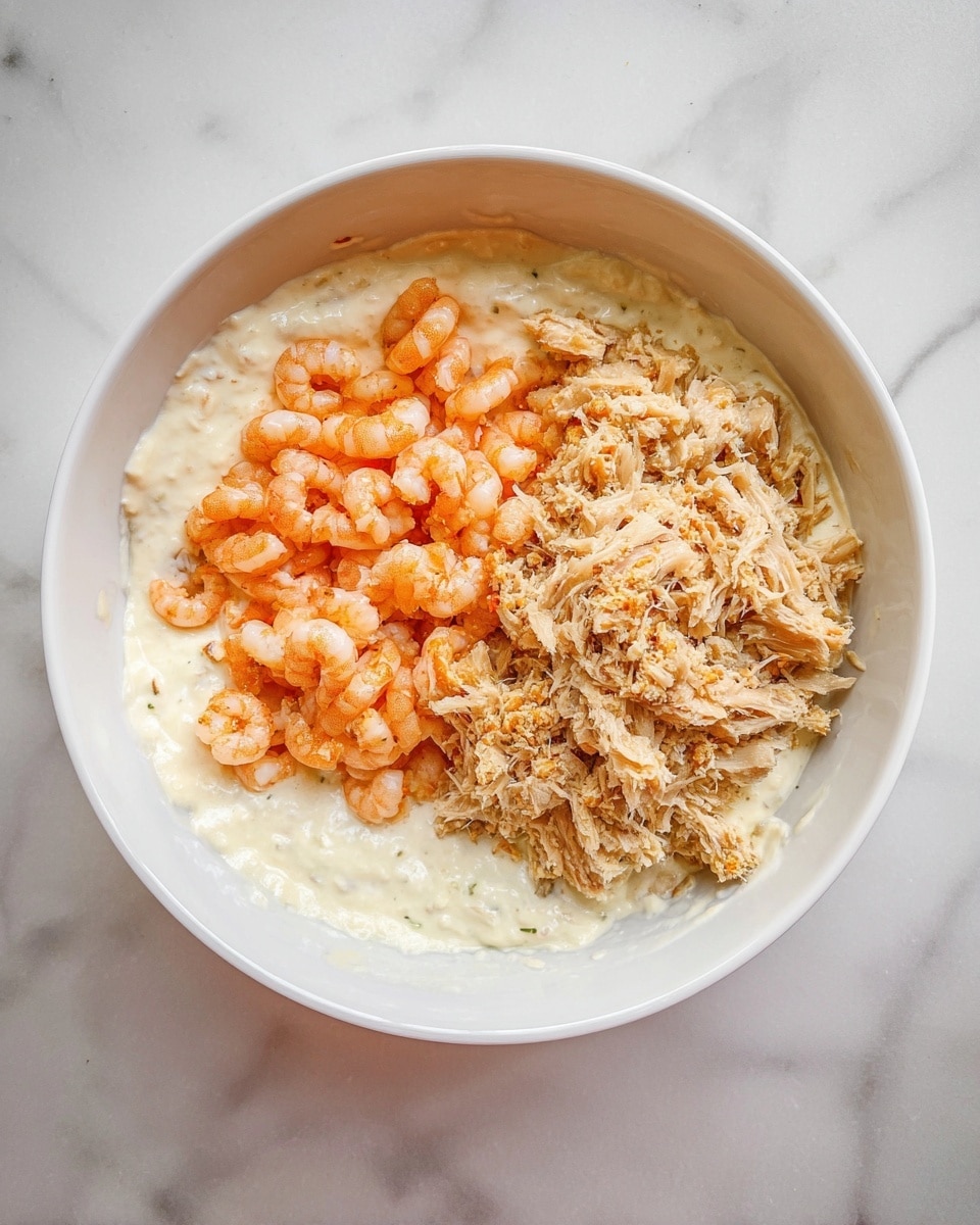 A white bowl holds three layers of ingredients visible from above: the bottom layer is a creamy, thick white mixture coating the sides of the bowl; on top of this, on one side, there is a pile of small orange cooked shrimp, and on the other side, a mound of light beige shredded meat. The bowl is placed on a white marbled surface. photo taken with an iphone --ar 4:5 --v 7