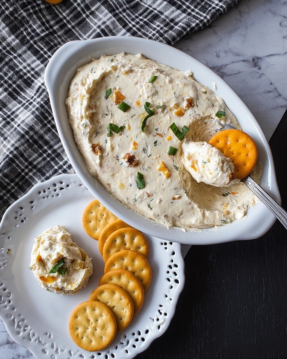 The image shows a creamy dip with a smooth texture in a white oval dish, topped with small pieces of green herbs and an orange snack cracker partially embedded in the dip on the top right. A large silver spoon is inside the dish, lifting some dip. Below, a small white plate with decorative cut-out edges holds a dollop of the same creamy dip mixed with small orange bits and green herb pieces, arranged next to five round, golden-brown crackers in a neat row. The scene is set on a dark surface with a white marbled texture and a black-and-white checkered cloth partially visible in the upper left corner. Photo taken with an iphone --ar 4:5 --v 7