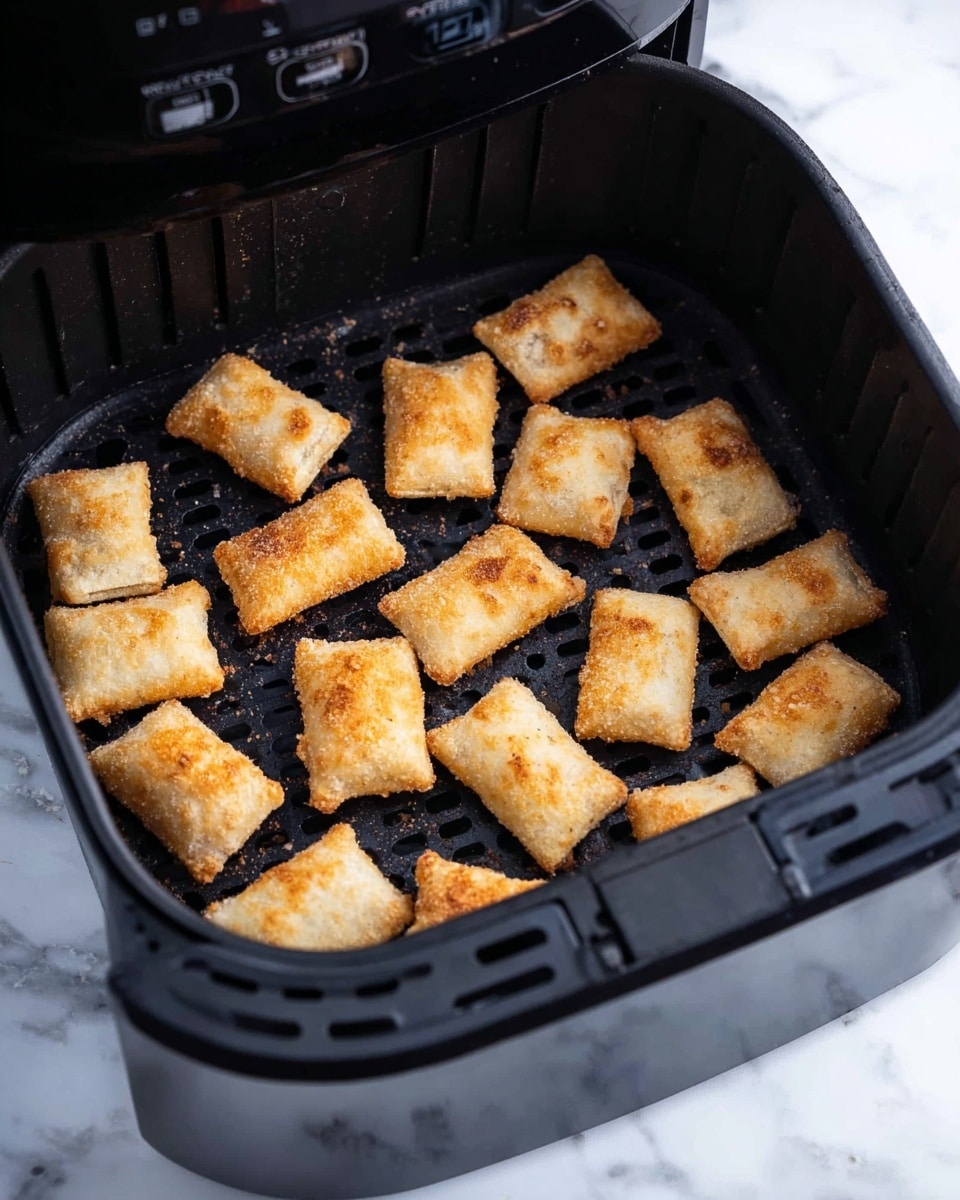 Inside a black air fryer basket, there are about twenty small, golden brown rectangular snacks with slightly puffed and crispy outer layers. Some pieces have a light, uneven browning on their surfaces, showing a crunchy texture. The basket is open, revealing the ridged black interior with small holes at the bottom, and the air fryer controls are faintly visible on the top section. The background is a white marbled surface. photo taken with an iphone --ar 4:5 --v 7
