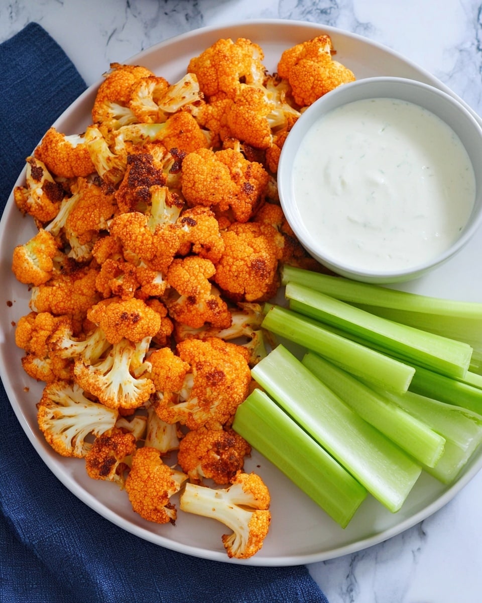 A white plate holds a large pile of roasted cauliflower pieces, bright orange with a slightly crispy texture and some browned edges, taking up about half the plate. Next to it are fresh celery sticks, neatly stacked in layers, bright green and crisp. A small white bowl filled with creamy white ranch dressing sits on the plate, near the celery. The whole setup is on a white marbled surface with part of a dark blue cloth visible under the plate’s edge. Photo taken with an iphone --ar 4:5 --v 7