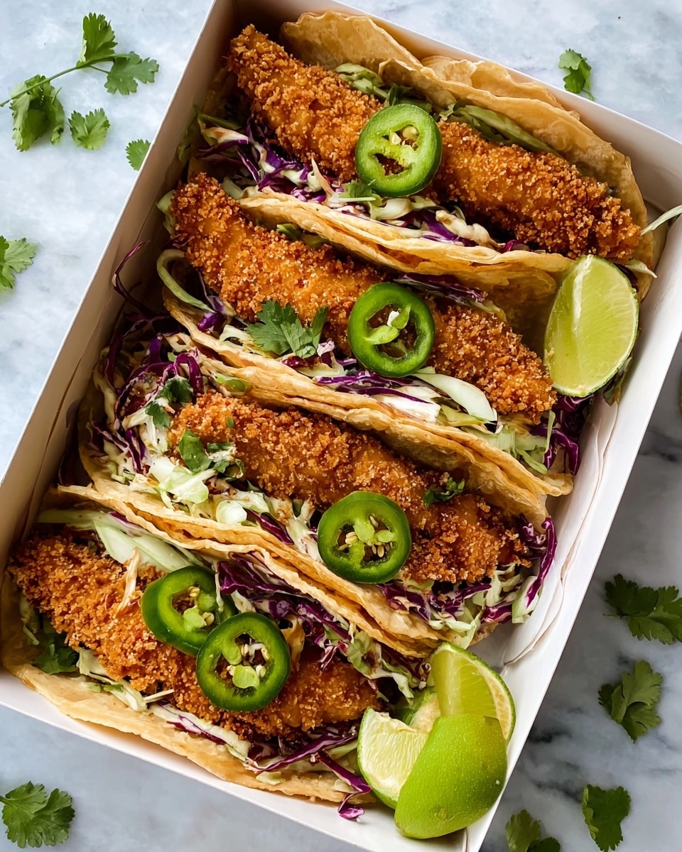 A white rectangular box holds four tacos, each with three deep golden brown crispy strips of fried chicken on the top layer. Beneath the chicken, there is a layer of thinly shredded purple and light green cabbage that adds a mix of colors and soft texture. Slices of bright green jalapeño peppers are placed on top and inside the tacos for a fresh spicy look. Lime wedges are tucked in beside the tacos on the right side of the box, adding a light green fresh accent. Small cilantro leaves are scattered over the tacos and around the lime wedges, bringing touches of leafy green. The box sits on a white marbled surface with some loose cilantro leaves around it. photo taken with an iphone --ar 4:5 --v 7