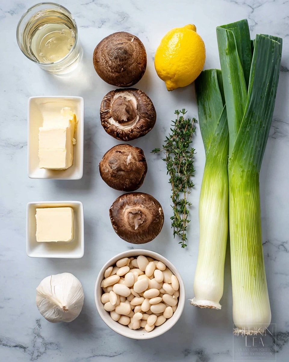 The image shows fresh cooking ingredients arranged neatly on a white marbled surface. On the right side, there are three whole green leeks with long bright green and white layers stacked vertically. Next to them are two sprigs of fresh thyme, a whole lemon with bright yellow skin, and a whole garlic bulb with white papery skin. In the center, four brown mushrooms are stacked vertically, two with dark gills facing up and two with caps facing up, showing a rough texture on the caps. On the left side, there is a small white square dish with a piece of pale yellow butter, another square dish with white cream, and a clear glass with a light yellow liquid, probably white wine. Below the dishes, a round white bowl is filled with large, pale white beans. photo taken with an iphone --ar 4:5 --v 7