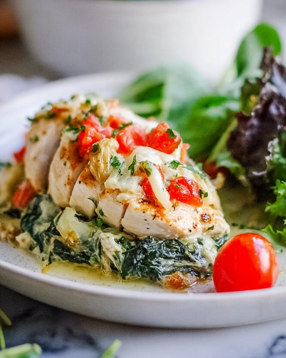 A white plate holds a thick, light tan chicken piece at the bottom, topped with a green layer of cooked spinach mixed with melted white cheese. Above that, there are chopped red tomatoes and some melted cheese sprinkled with green herbs. On the side of the plate, there are small green leafy salad and one bright red grape tomato, all placed on a white marbled surface. Photo taken with an iphone --ar 4:5 --v 7
