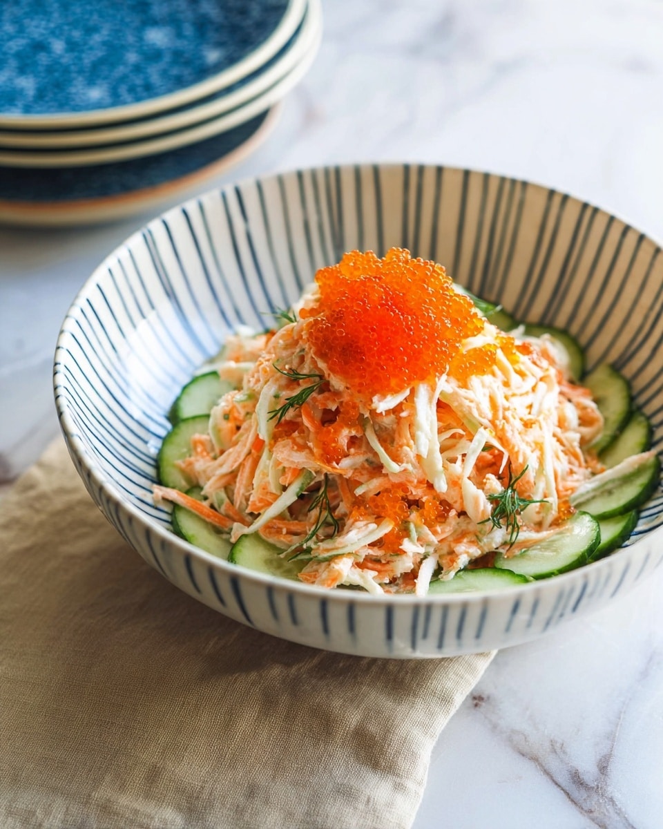 The dish shows four steps of preparation centered around a glass mixing bowl and a striped white bowl. In the first step, the glass bowl contains a mix of shredded white and light pink strips placed in the center, topped with small bright red bits on the left side, and fresh green cucumber sticks arranged on the right side, with two silver forks resting inside the bowl. In the second step, the shredded mixture and cucumbers are mixed with a fork, now topped with a sprinkling of brown crumbs. The third step shows the striped white bowl with a base layer of thinly sliced bright green cucumber slices arranged in a circular pattern along the bowl's edge, with a small piled portion of the shredded mixture with red bits centered on the cucumber. Woman's hand uses black chopsticks to hold some of the shredded mix above the bowl. In the fourth step, woman’s hand holds a small blue patterned bowl from which bright red bits are being spooned onto the top of the shredded mixture inside the white bowl with the cucumber base. All steps are placed on a white marbled surface. photo taken with an iphone --ar 4:5 --v 7