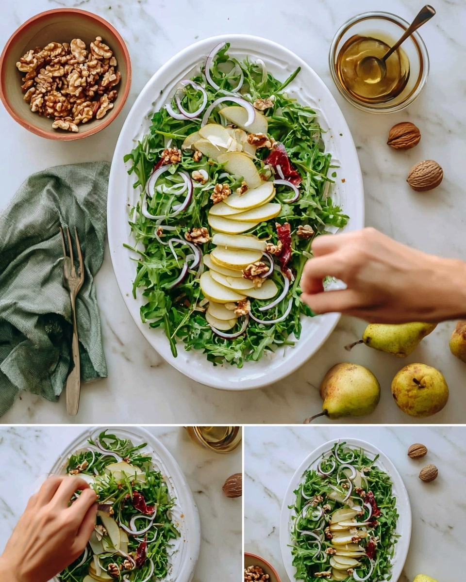 A fresh green salad is shown in a white oval plate, layered with bright green arugula leaves at the bottom. Thin light yellow pear slices and light tan walnut pieces are scattered evenly on top. Thin, pale purple onion rings are spread across the salad, creating a delicate ring pattern. On the final layer, there are thin dark red slices of cured meat, adding contrast to the colors. A woman's hand is seen placing pear slices on the salad, and the plate is set on a white marbled surface with some pears, walnuts, and small bowls nearby. Photo taken with an iphone --ar 4:5 --v 7