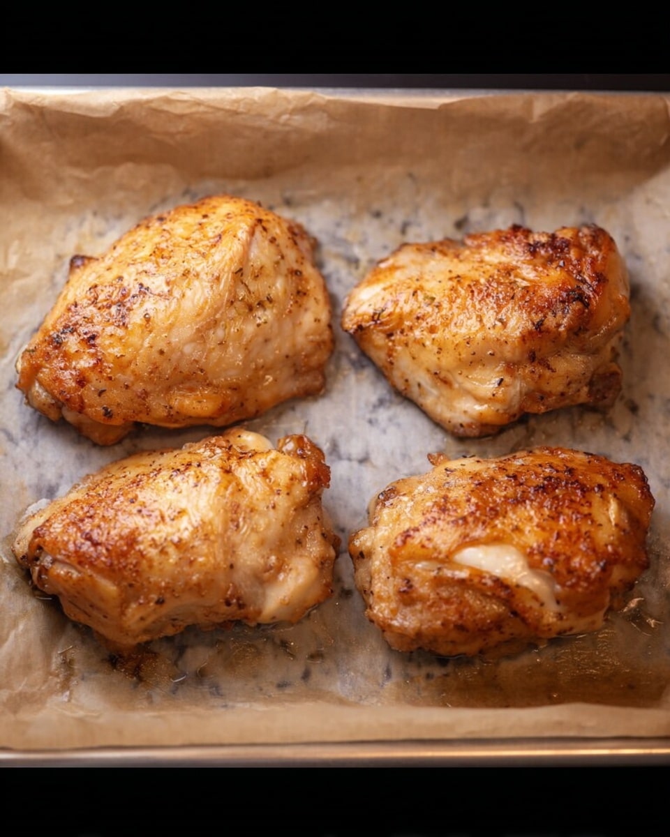 Four pieces of cooked chicken with a golden brown surface and visible seasoning, sitting in a single row on a parchment-lined baking tray. The chicken pieces have a slightly shiny, juicy texture with some darker browned spots, indicating they were roasted or baked. The background features a white marbled texture. photo taken with an iphone --ar 4:5 --v 7