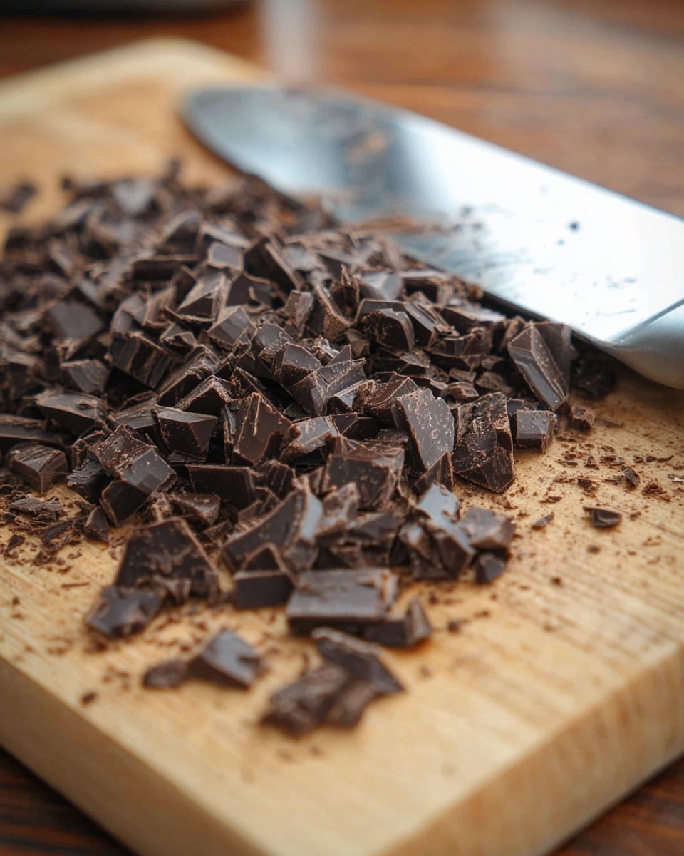 A wooden board with many small dark brown chocolate pieces chopped into uneven small cubes and bits, scattered around and piled mostly in the middle. A large knife with a metallic blade and black handle is lying on the board, with some chocolate pieces stuck to the blade. The background is softly blurred with warm brown tones. The scene is simple and focuses on the chopped chocolate on the board. Photo taken with an iphone --ar 4:5 --v 7