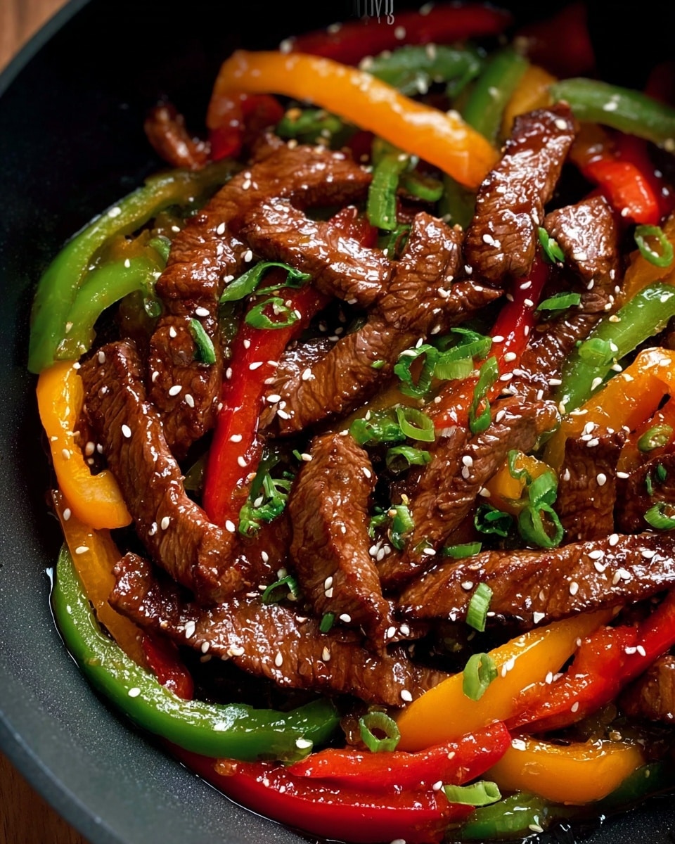 The image shows a close-up of a black pan filled with stir-fried strips of brown meat coated in a shiny dark sauce. Mixed with the meat are long slices of red, green, and yellow peppers, adding bright colors and a crisp texture. The dish is garnished with small white sesame seeds scattered on top and a few small green herb leaves, likely cilantro, giving a fresh look. The glossy look of the sauce gives the dish a rich and appetizing shine. The background is a white marbled texture. photo taken with an iphone --ar 4:5 --v 7
