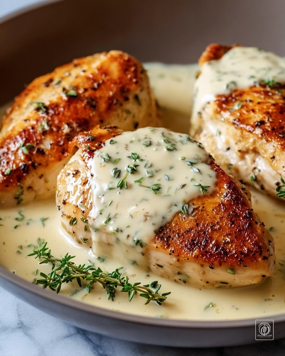 Three pieces of cooked chicken with golden brown edges sit close together in a shallow pan covered by creamy white sauce with green herbs. The sauce is smooth and thick, pouring over the top and around the chicken, pooling slightly at the bottom. A small sprig of fresh green thyme lies on the front piece of chicken, adding a touch of color contrast. The background surface is a white marbled texture. Photo taken with an iphone --ar 4:5 --v 7