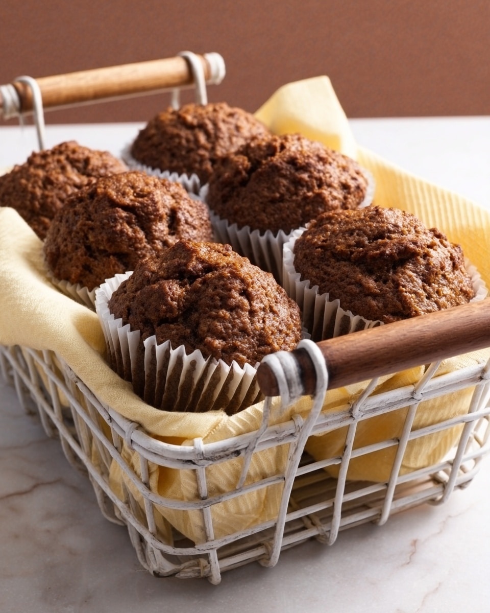 A white wire basket with a wooden handle holds six brown muffins in white paper liners. The muffins have rough, slightly cracked tops and a dense, textured surface. The basket sits on a white marbled surface, with a few light-colored folded napkins placed inside beneath the muffins. The background is softly blurred with warm brown tones. photo taken with an iphone --ar 4:5 --v 7