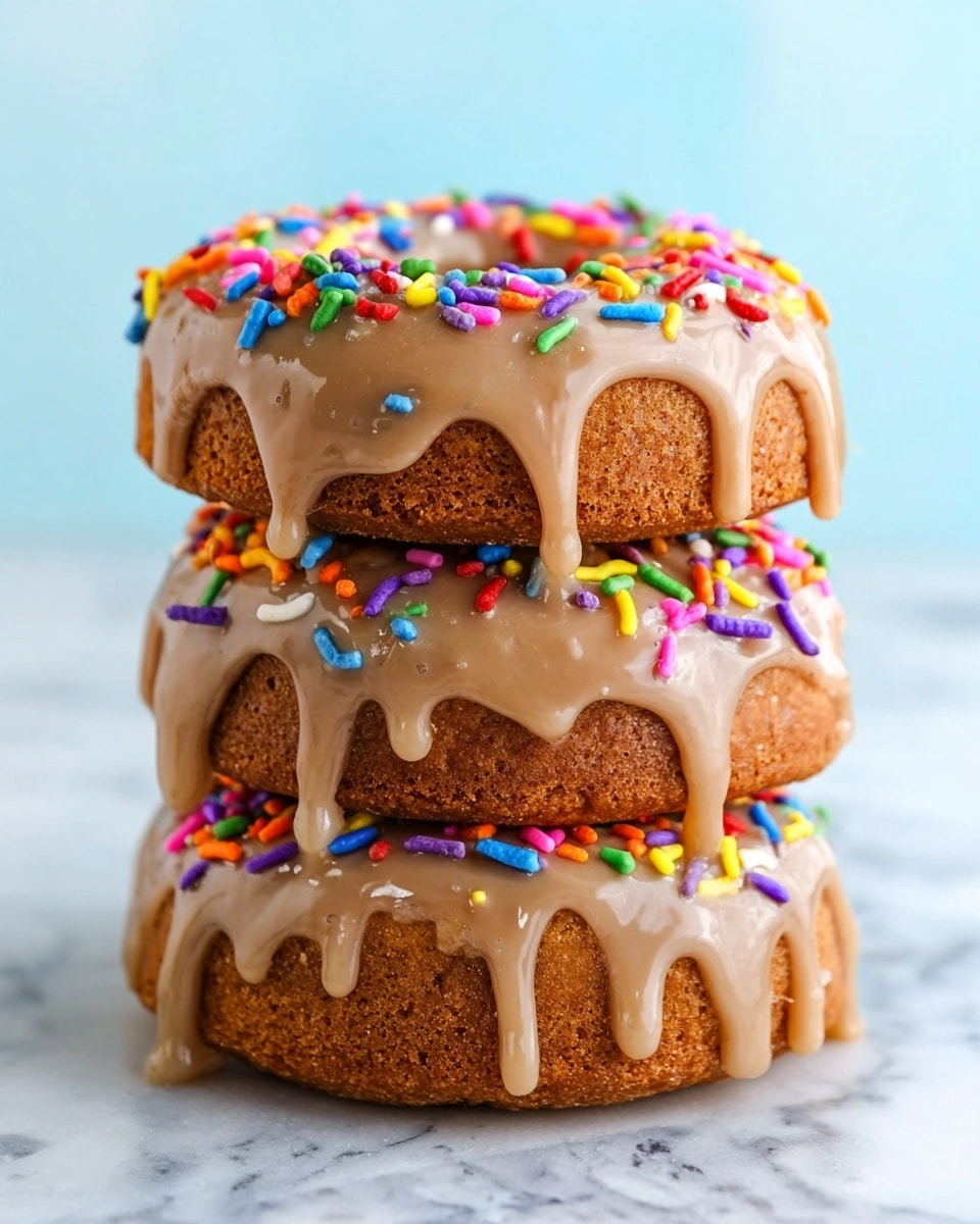 A stack of three round cakes, each covered with smooth, light brown frosting that drips slightly down the sides. The frosting is topped with colorful sprinkles in various shapes and bright colors like yellow, blue, red, green, purple, and pink. The cakes have a soft, slightly crumbly brown texture and are positioned one on top of the other on a white marbled surface with a pale blue background. photo taken with an iphone --ar 4:5 --v 7