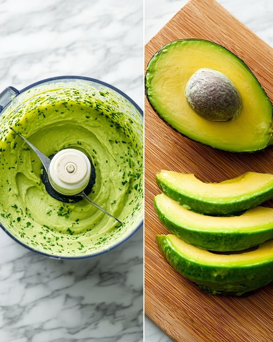 The image shows two parts: on the left is a close-up of a food processor bowl filled with smooth, creamy green avocado mixture with small green herb bits all around the sides and near the blade in the center. On the right is a wooden board holding half an avocado with the seed intact and three bright green avocado slices with smooth, shiny yellowish-green flesh visible inside. Both parts of the image sit on a white marbled surface. photo taken with an iphone --ar 4:5 --v 7