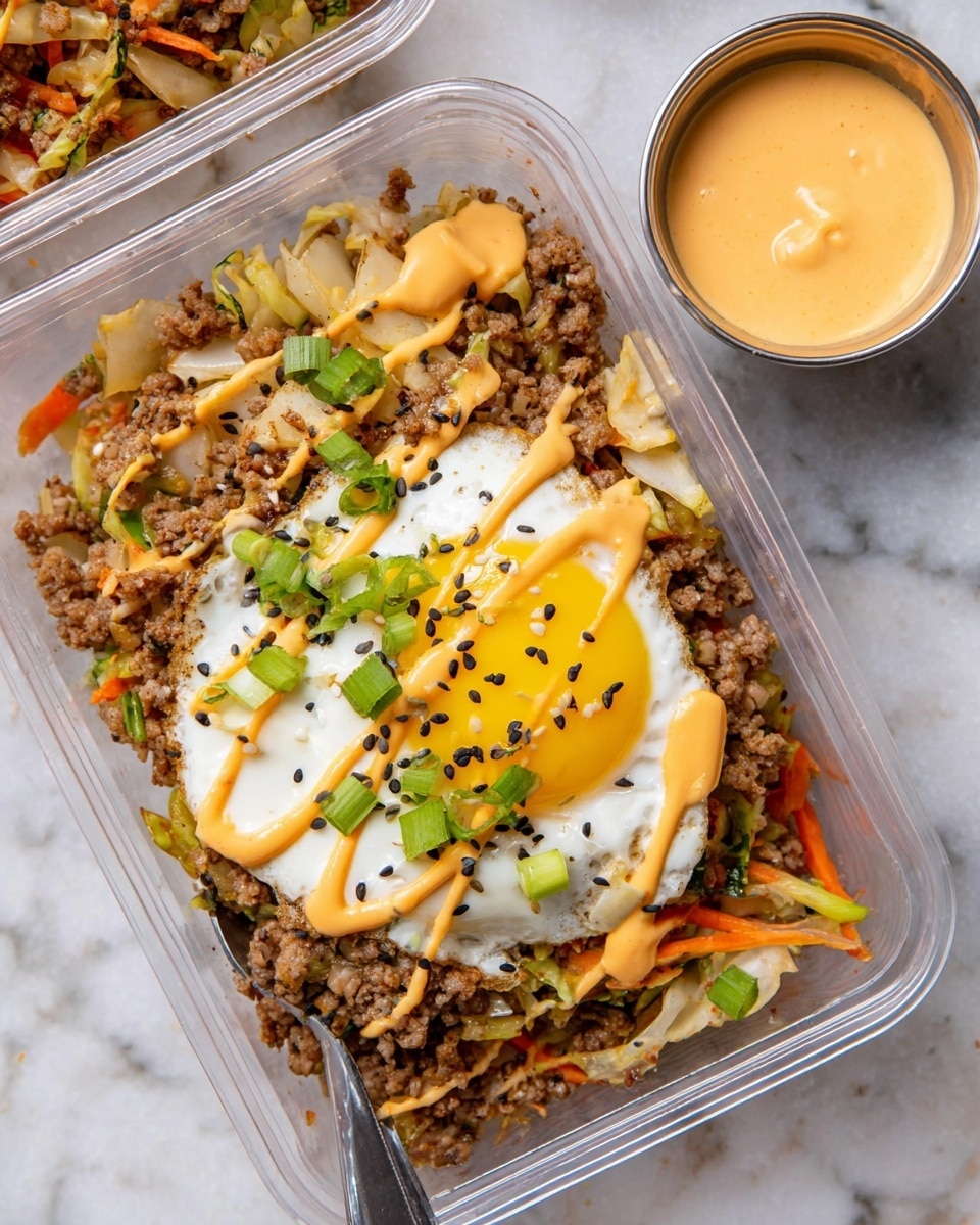 The dish is served in a clear rectangular plastic container. The bottom layer consists of cooked ground meat mixed with chopped cabbage and shredded carrots, all lightly browned and mixed together. On top of this mixture sits a perfectly cooked sunny-side-up egg with a bright yellow yolk that starts to run, garnished with chopped green onions and black sesame seeds. A creamy orange sauce is drizzled over the egg and some of the vegetables. On the side of the container, there is a small metal cup filled with extra creamy orange sauce. The background surface is a white marbled texture. photo taken with an iphone --ar 4:5 --v 7