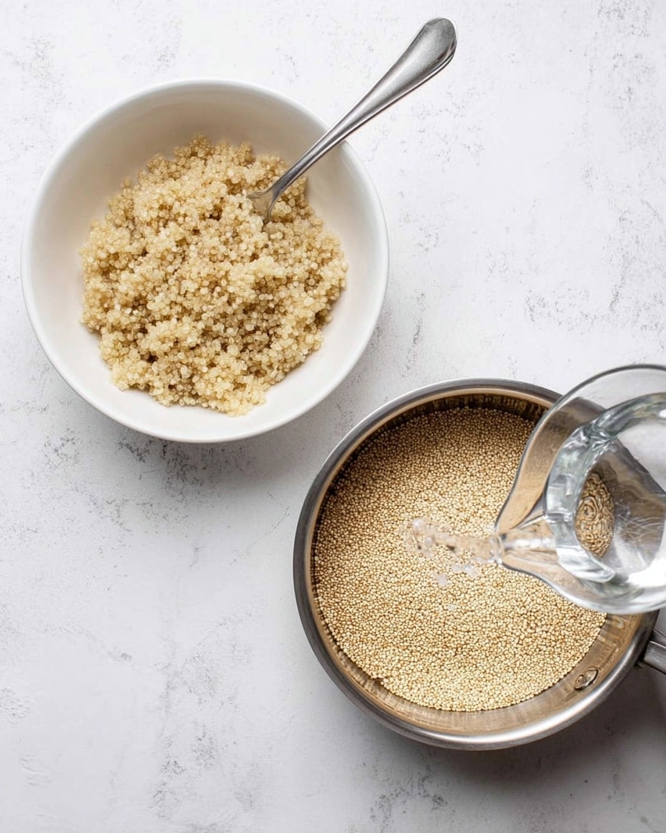 The image shows two parts: on the left, a white bowl filled with light beige cooked quinoa, with a fork resting on the side of the bowl; on the right, a silver saucepan containing dry, pale yellow quinoa on one side, and clear water being poured from a glass measuring cup into the pan on a white marbled surface. The quinoa grains are small and round, and the water looks clear and fresh. Photo taken with an iphone --ar 4:5 --v 7