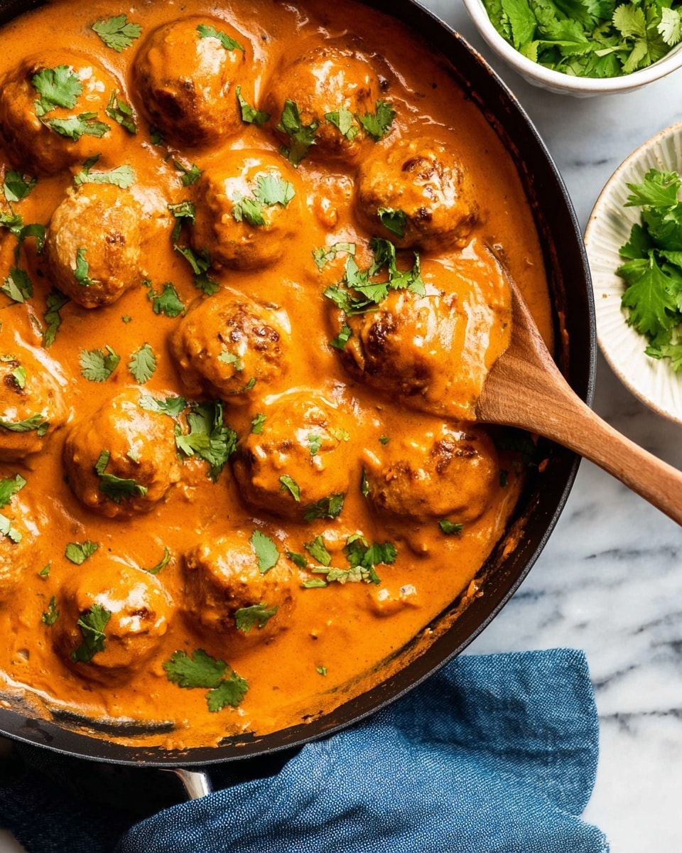 A close-up of a black pan filled with thick orange sauce covering round meatballs. The sauce looks smooth and creamy with a rich texture. Fresh green cilantro leaves are scattered on top of the sauce and meatballs, adding bright color contrast. A wooden spoon is partially dipped in the sauce near the edge of the pan. Next to the pan, a small white bowl with more fresh cilantro is partly visible on a white marbled surface with a blue cloth underneath. Photo taken with an iphone --ar 4:5 --v 7