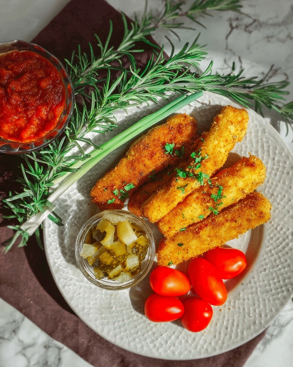 A white plate with a textured edge holds five golden-brown fried fish sticks, sprinkled with chopped green herbs. To the side, a small clear glass bowl with chopped pickles sits on the plate, and three bright red cherry tomatoes rest at the bottom, next to green chive stems. A fresh green sprig of rosemary decorates the top of the plate. Behind the plate on a white marbled surface, there is a small glass bowl filled with chunky red sauce. The scene is lit naturally with a bit of shadow. photo taken with an iphone --ar 4:5 --v 7